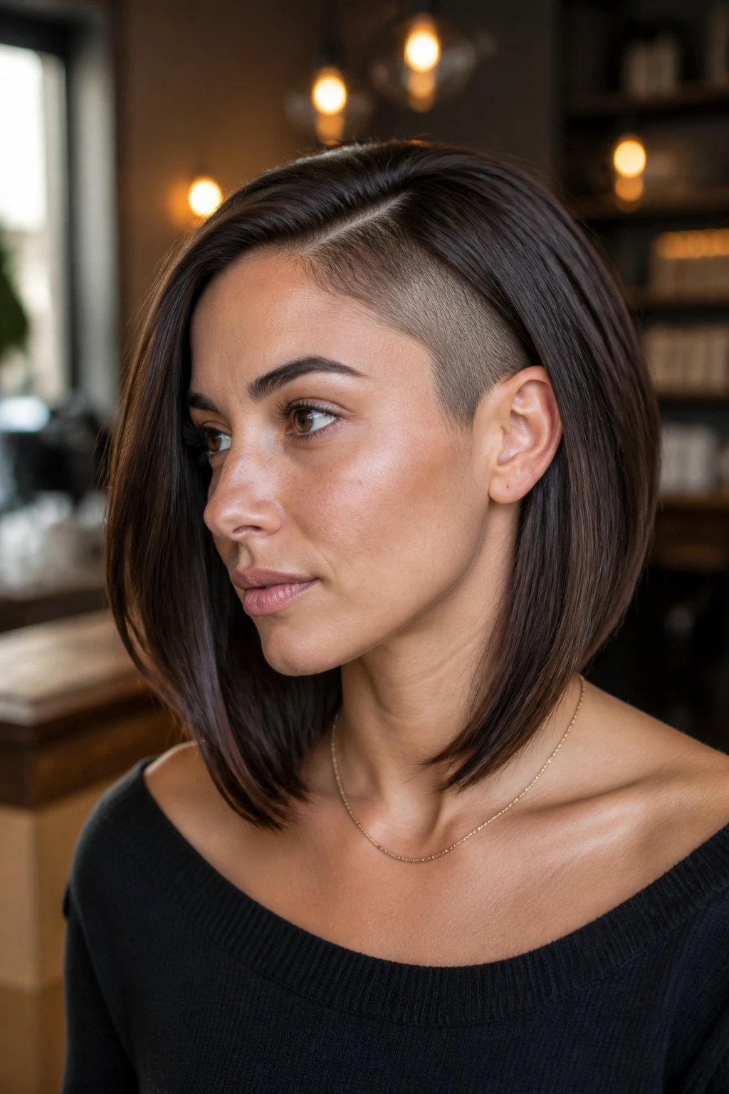 Portrait of a real woman with collarbone-length bob and temple clearance shave
