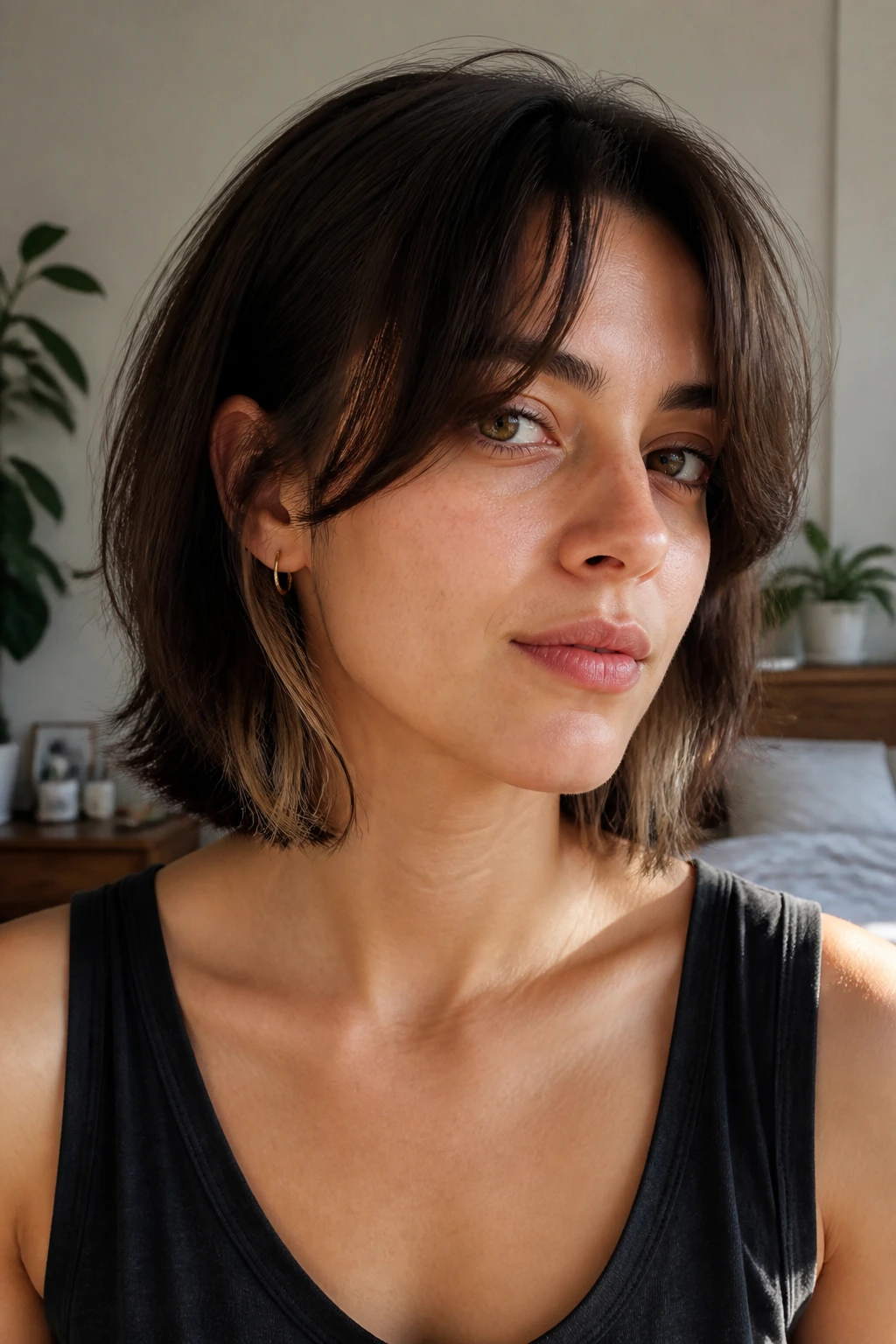 Close-up portrait of a real person with Collarbone Bob With Underlayers and curtain bangs