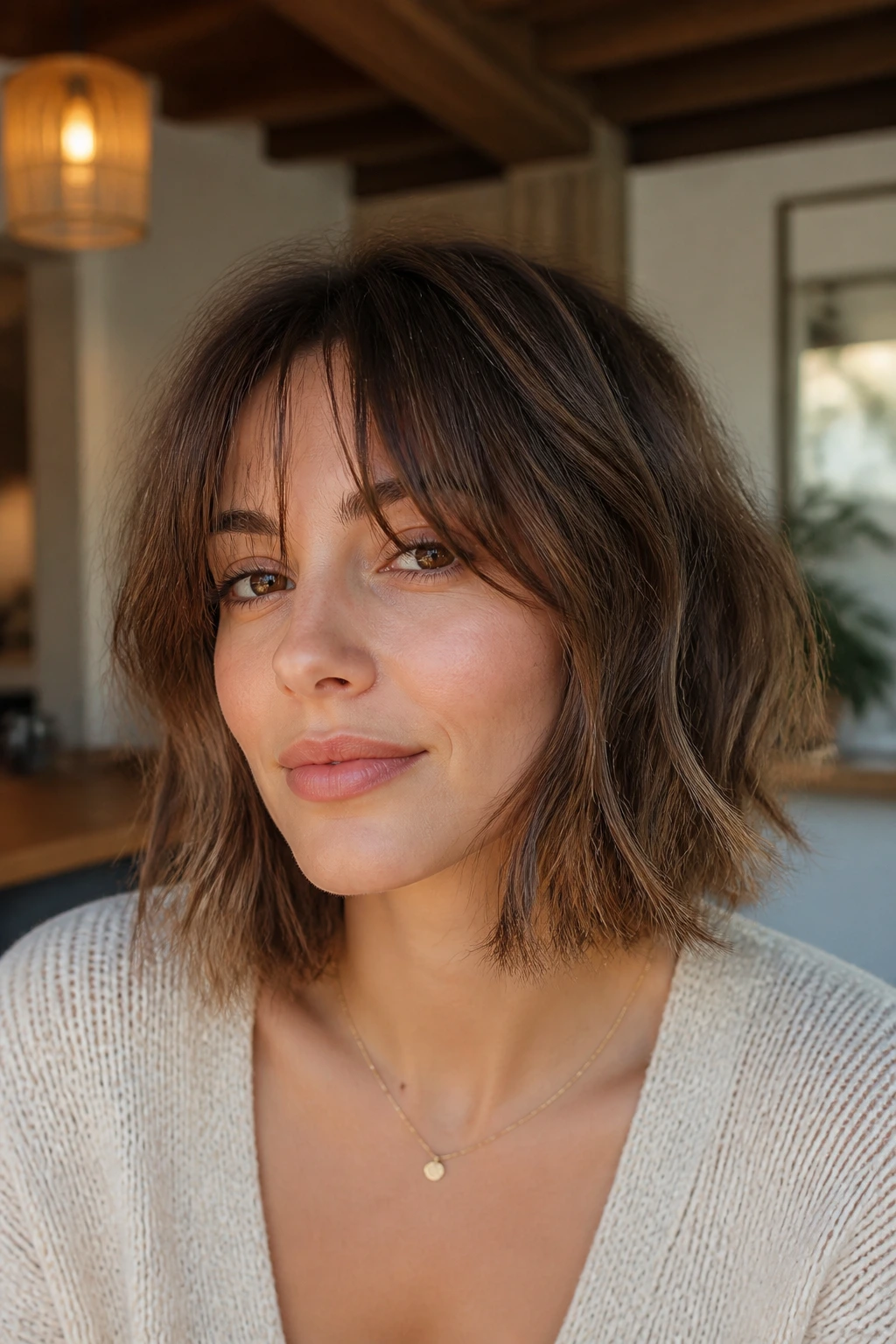 Real woman with collarbone-length choppy bob and wispy front pieces