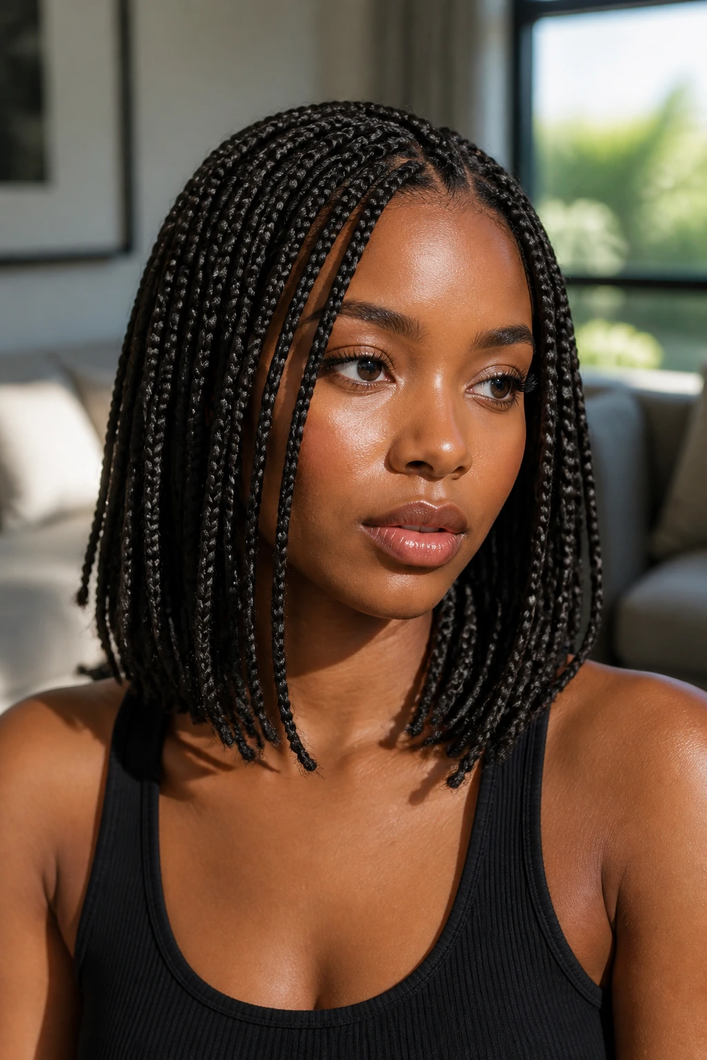 Close-up portrait of a real woman with collarbone-length braids in a sunlit living room
