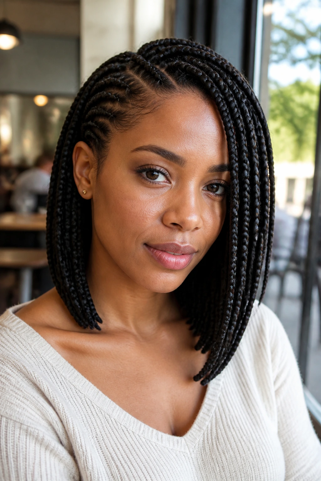 Portrait of a woman with angled collarbone-length braids and tucked-in sides