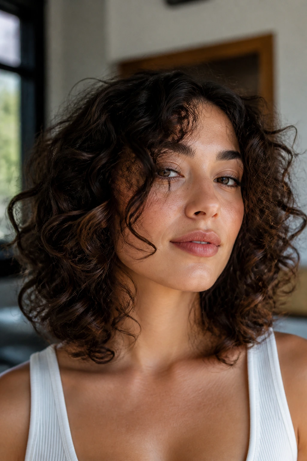 Woman with collarbone butterfly layers around the face
