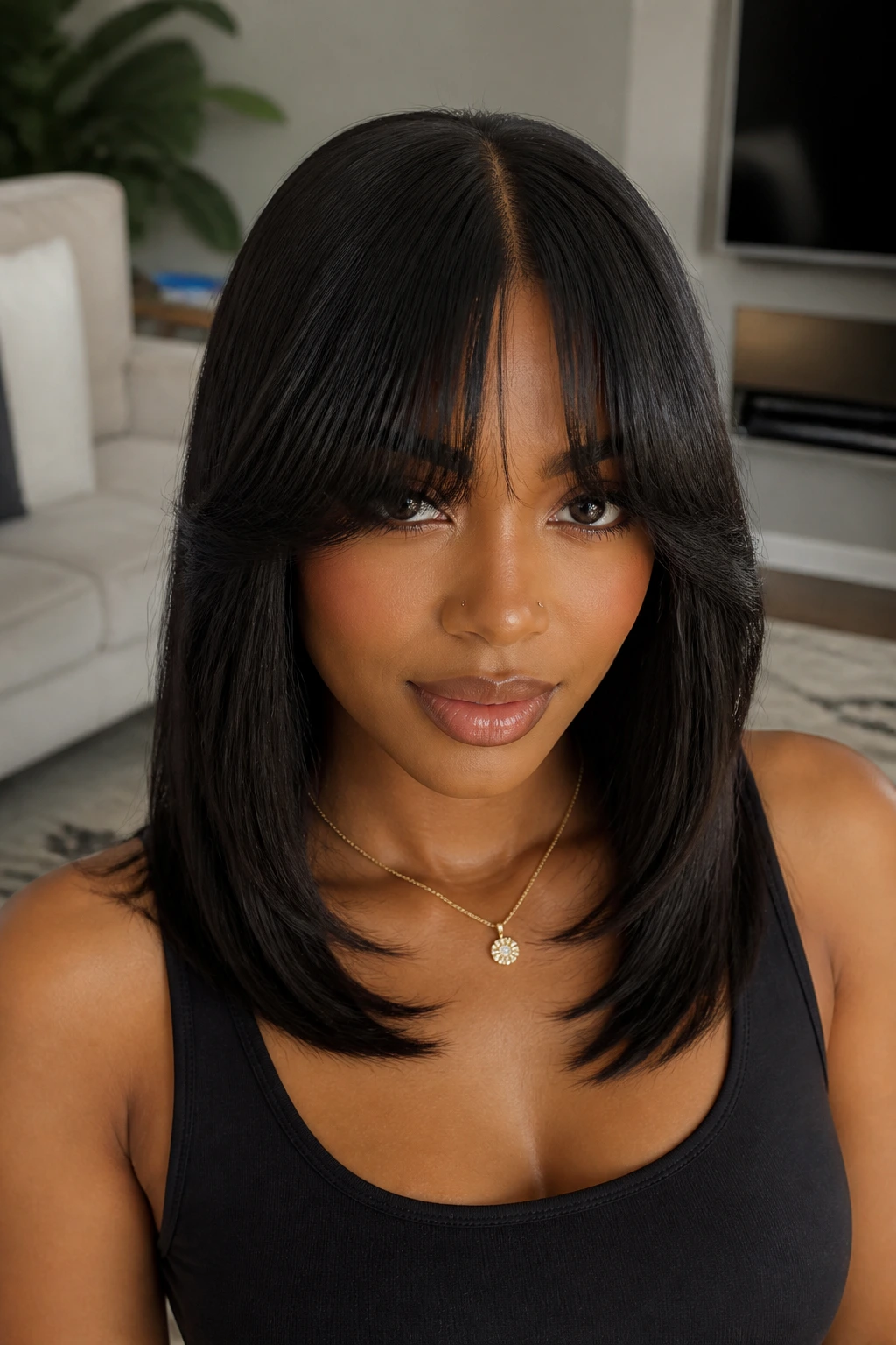 Close-up portrait of a real person with collarbone-length sew-in and bottleneck bangs