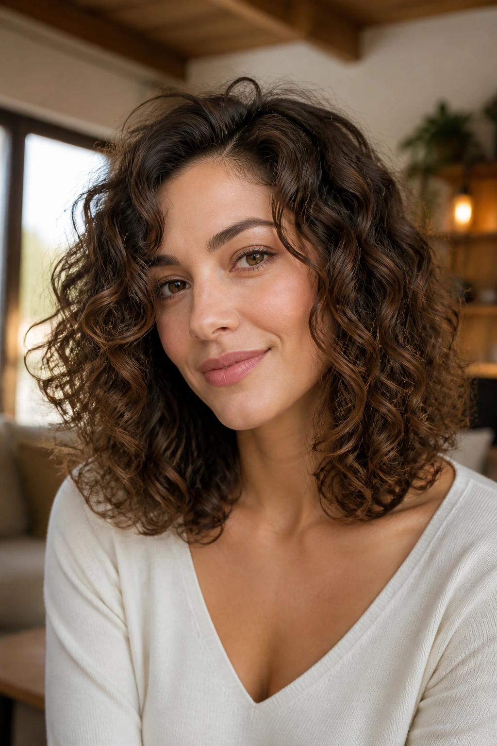 Close-up of a real woman with a collarbone-length curly cut; front C-curve frames the face in warm window light.