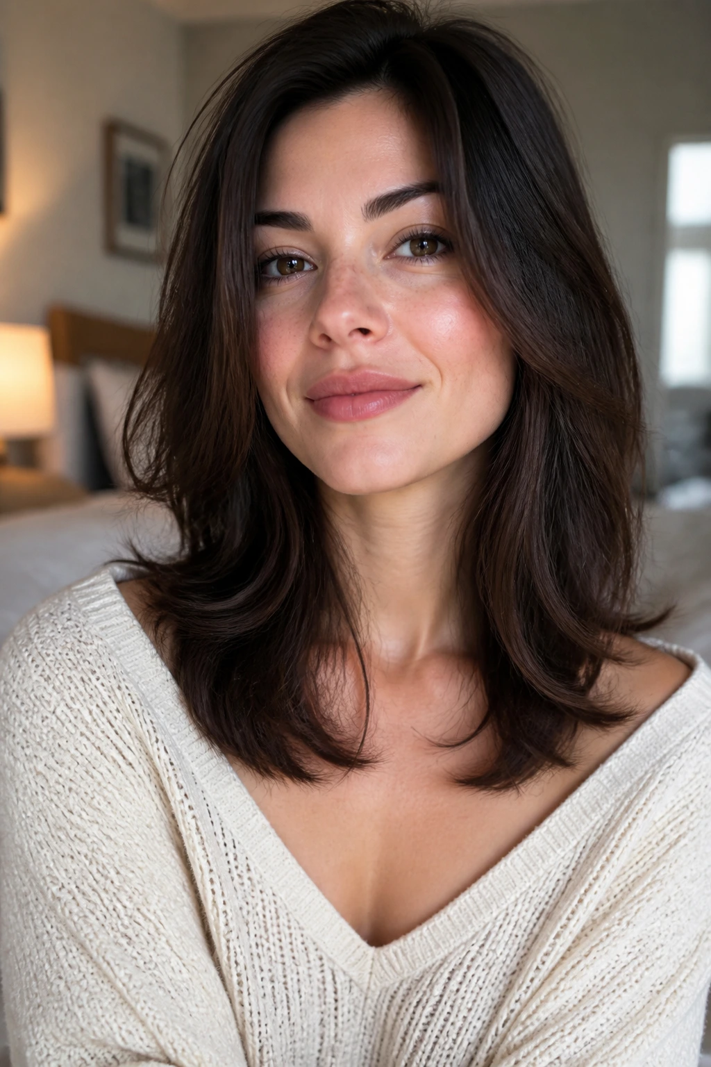 Close-up of a real woman with collarbone-length starting cascade hair