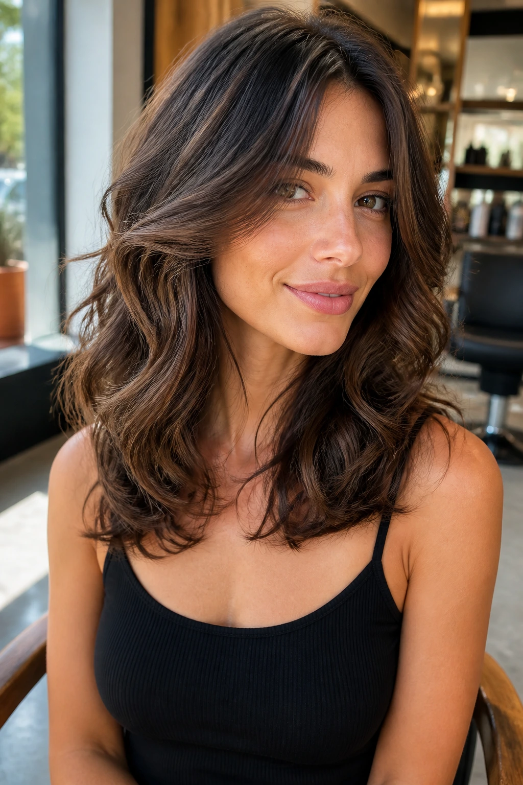 Close-up of a woman with collarbone-length cascade layers and loose curls