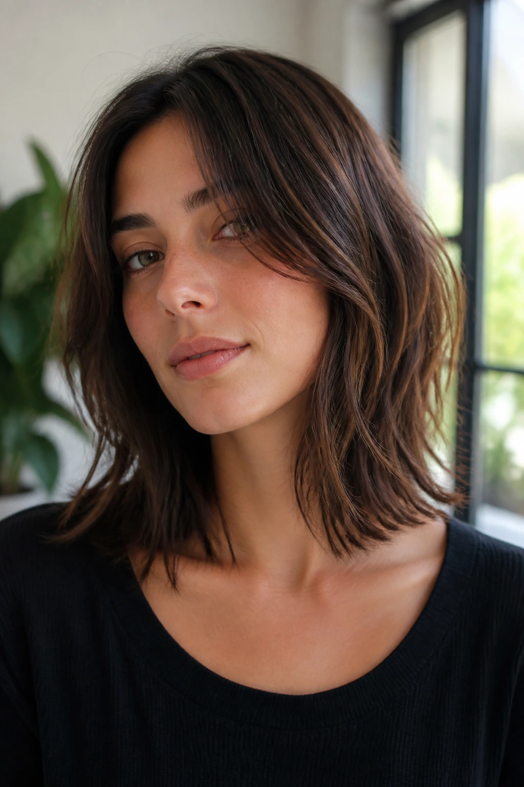 Close-up portrait of a real woman with collarbone-length shag and internal layers.