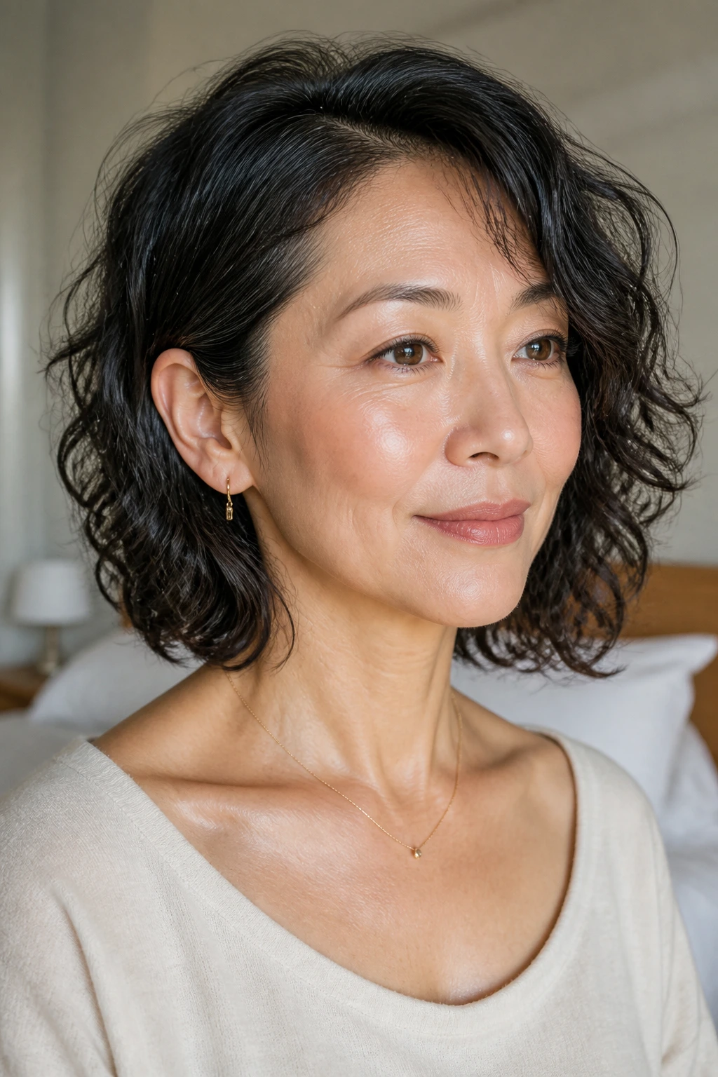 Close-up of a woman with collarbone-length curls and clean ends