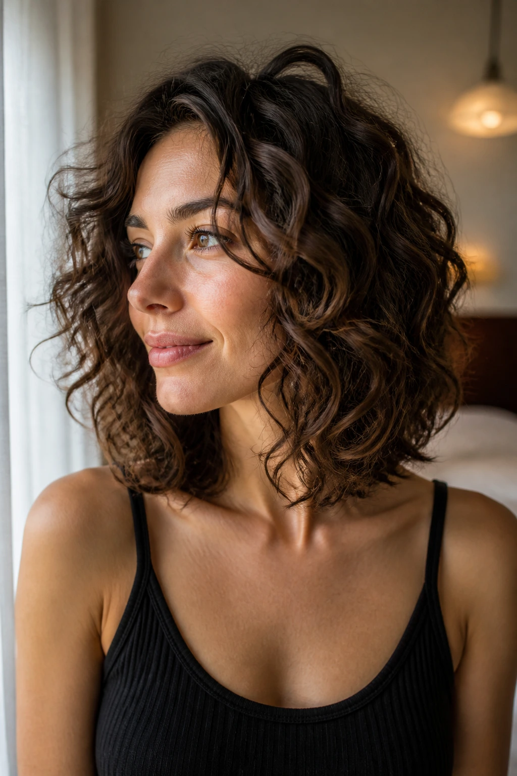 Close-up of a real woman with collarbone-length curly lob, soft natural window light.