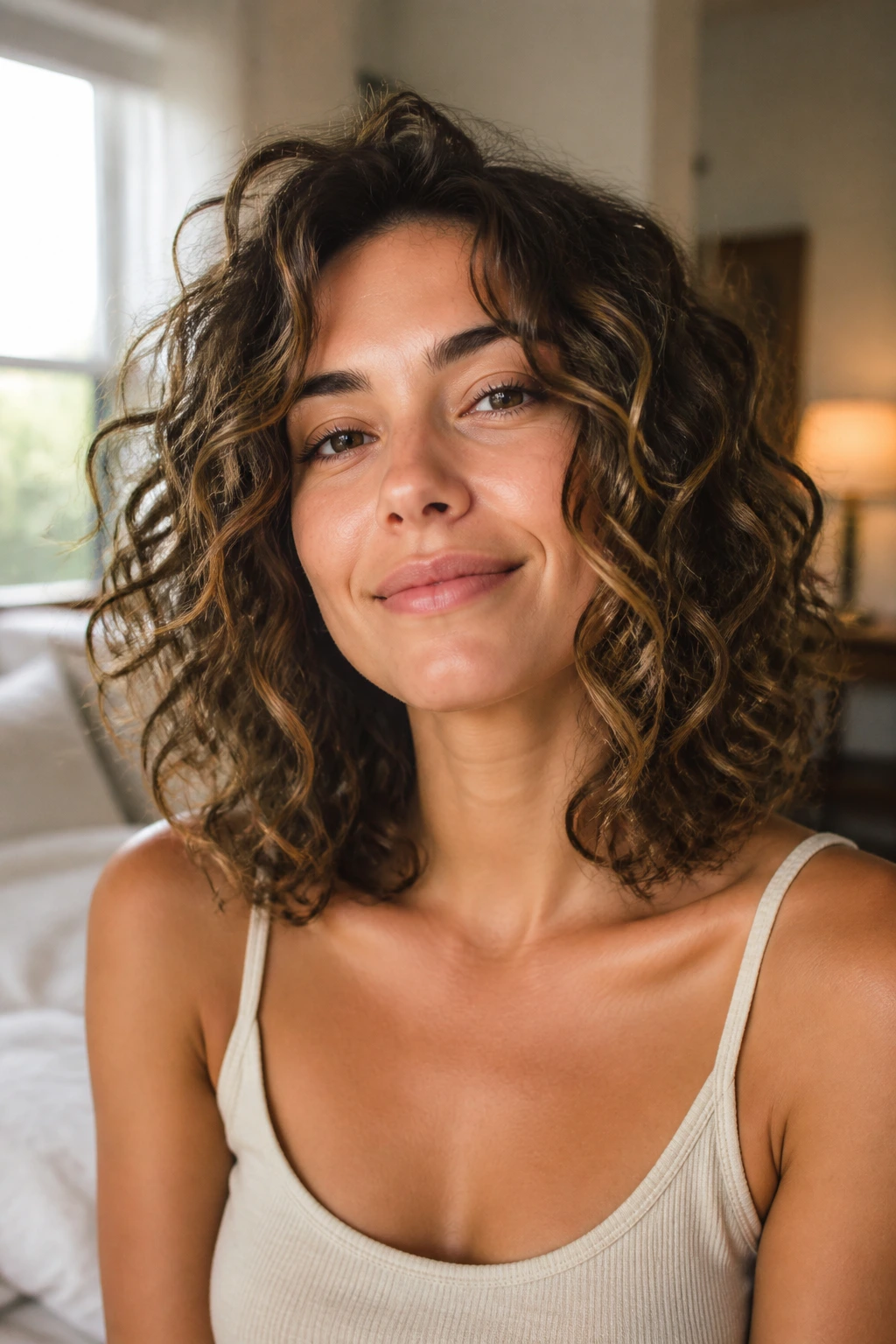 Close-up of collarbone-length curls showing balance and airy waves