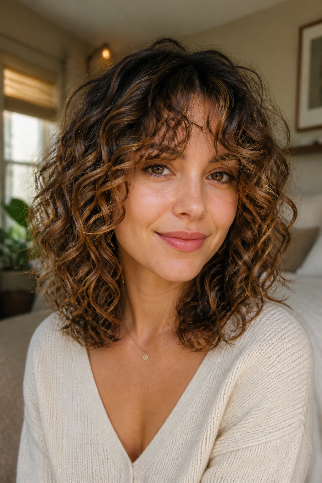 Close-up of a real woman with collarbone-length curls and caramel curtain bangs.