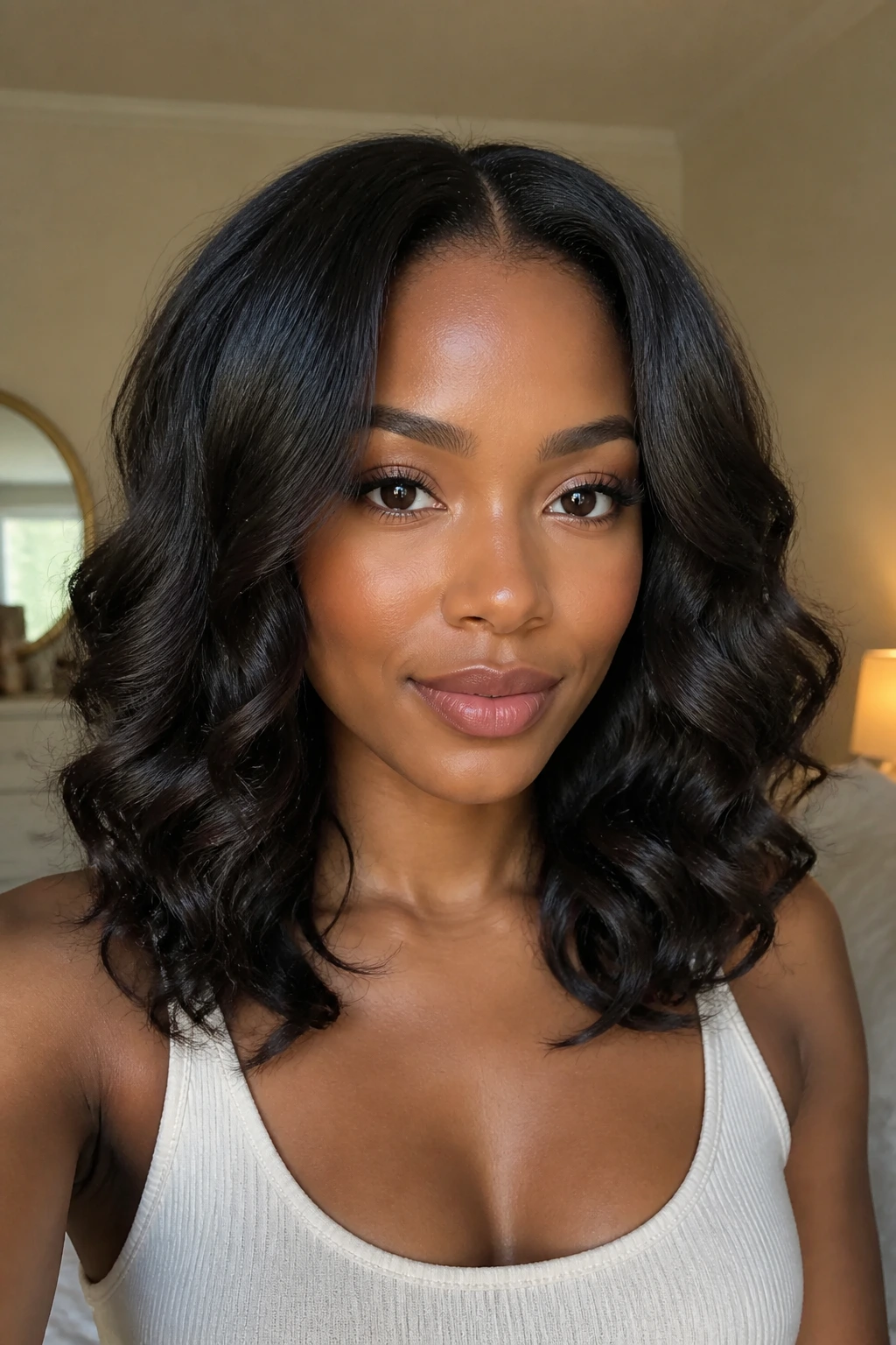 Close-up of collarbone-length wand curls with a center part on a real person