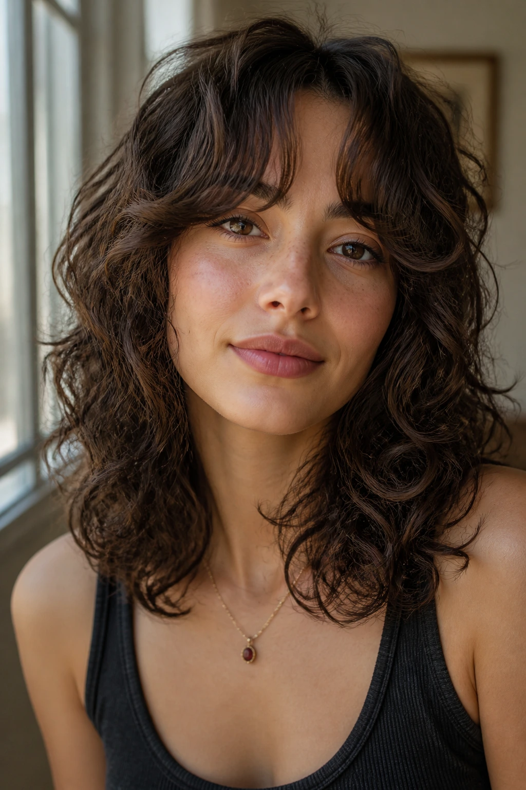 Collarbone-length curls with curtain bangs on a real person