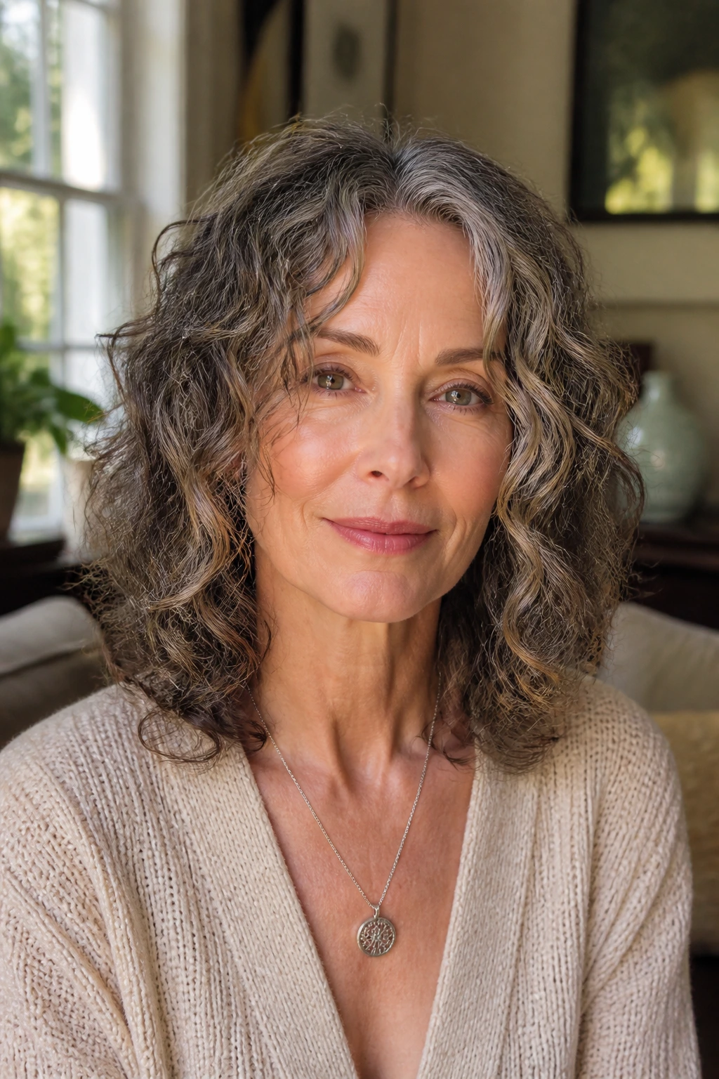 Close-up portrait of a real woman with collarbone-length curly hair featuring face-framing pieces
