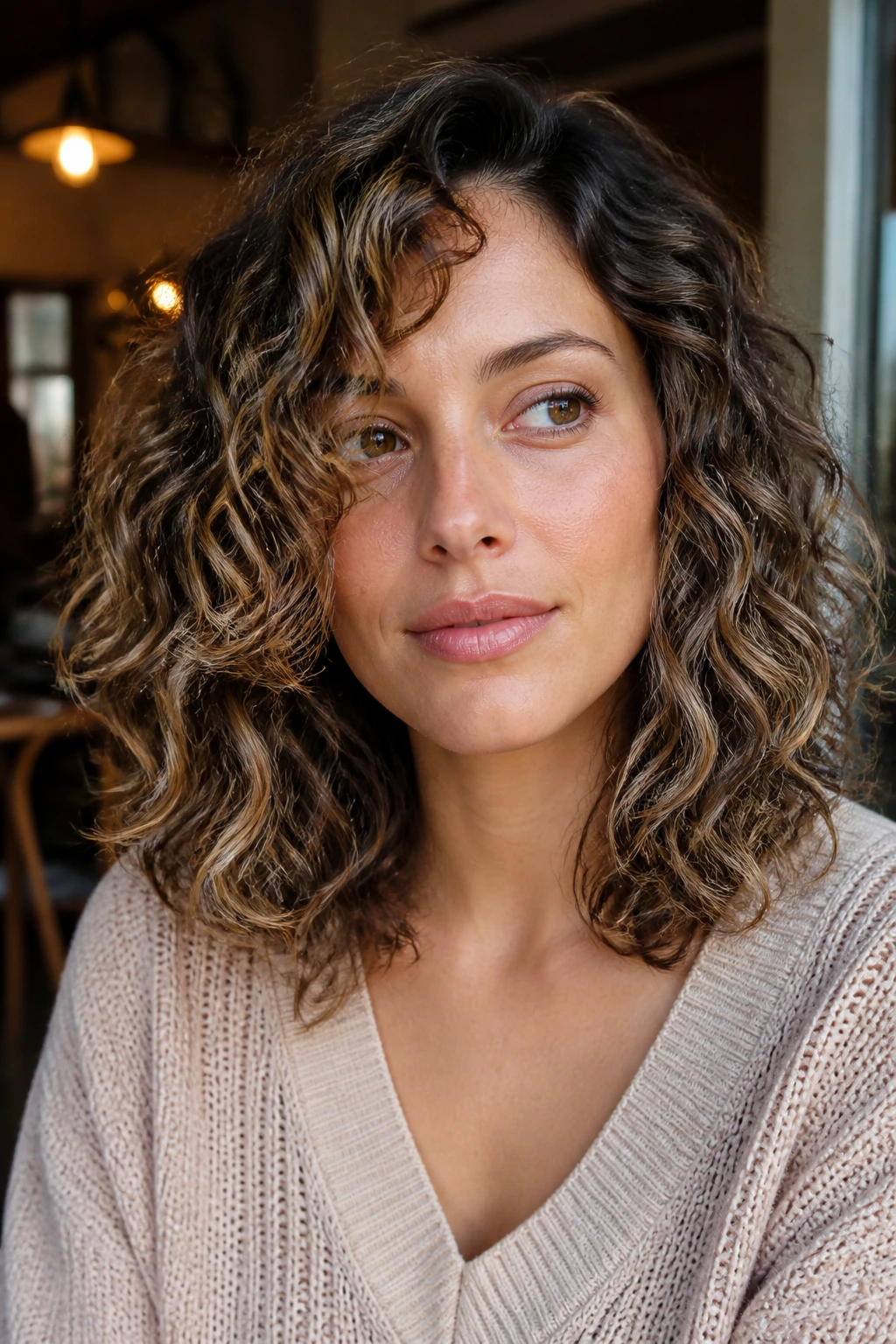 Close-up of a real woman with collarbone-length curls and peekaboo lowlights