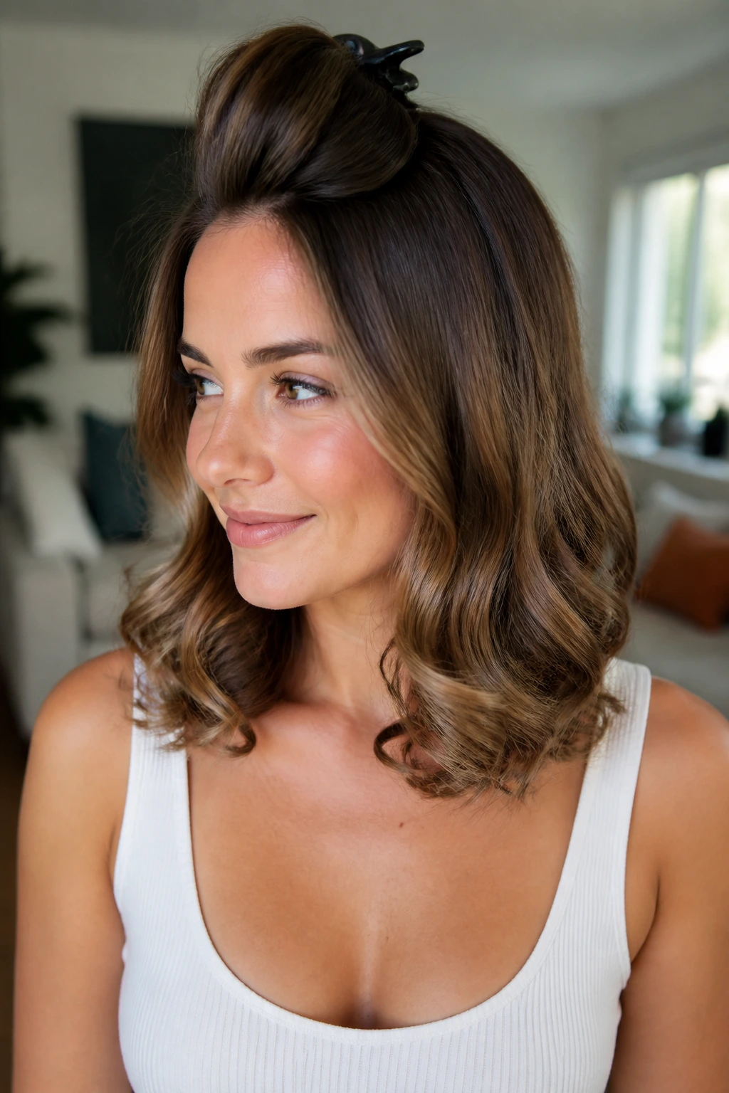 Medium close-up of a woman with collarbone-length barrel curls and crown lift