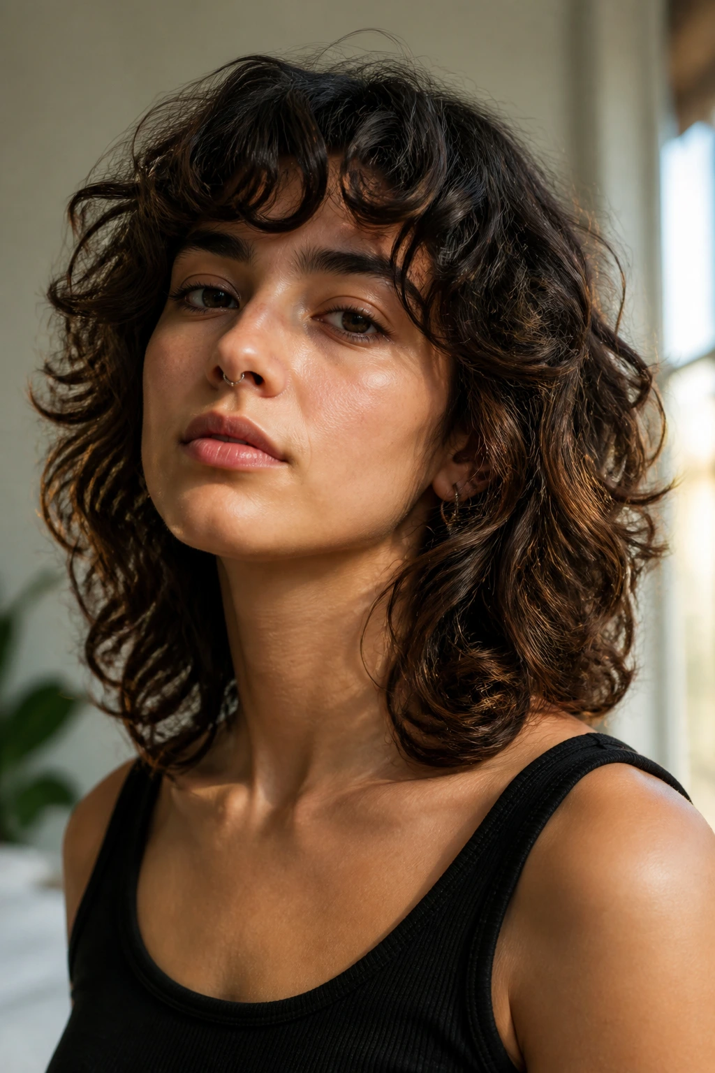 Close-up of a real person with loose collarbone-length curls in a shag cut