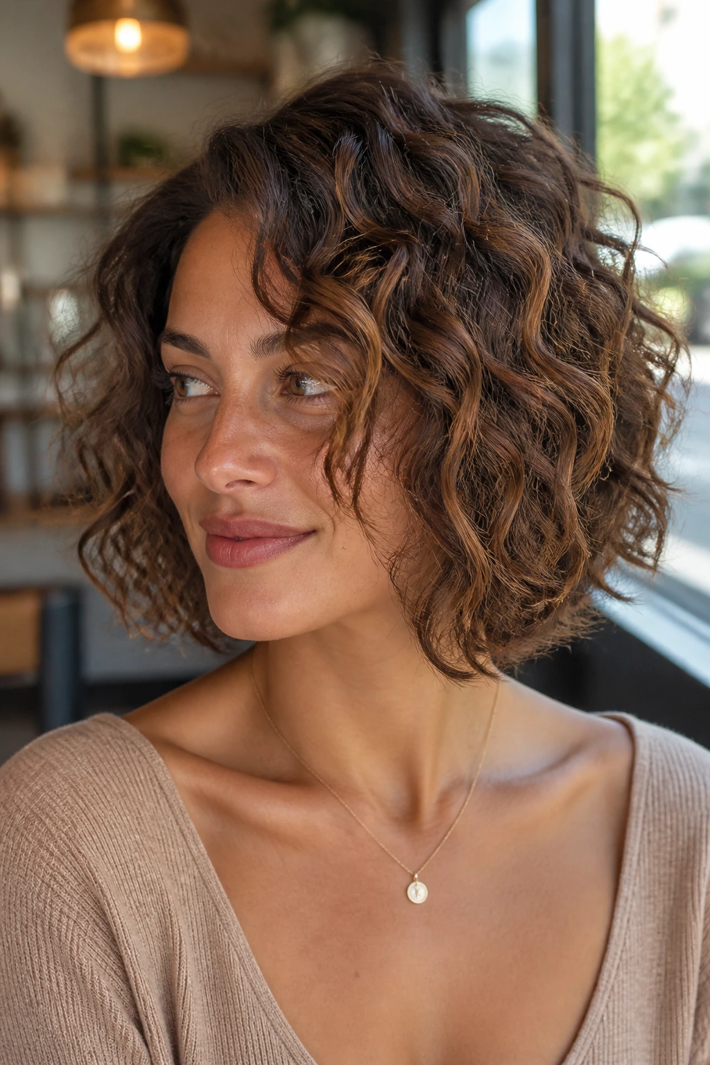 Close-up of a real person with collarbone-length curls and bronze veil