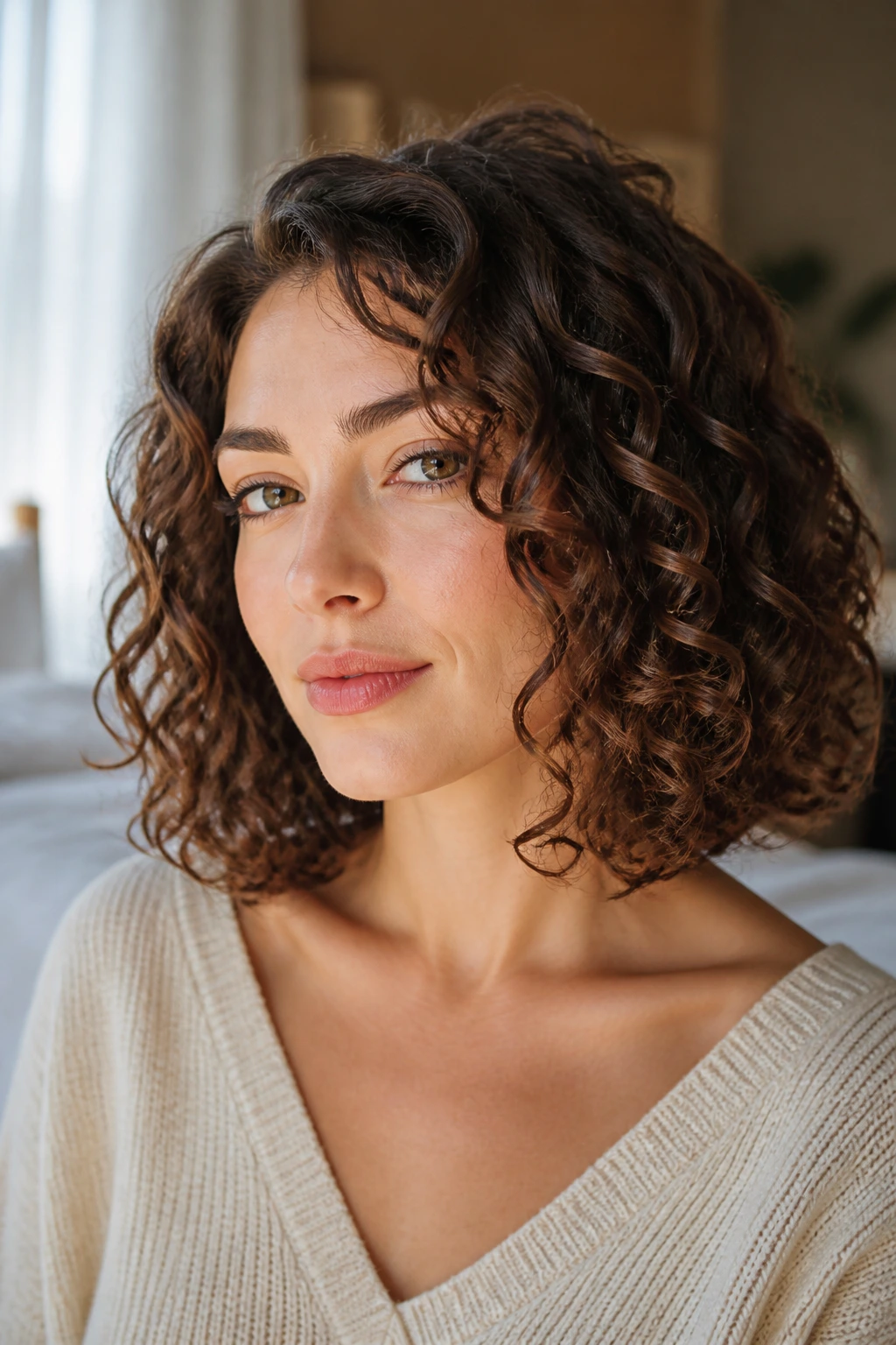 Close-up of a woman with a collarbone-length curly bob in warm window light