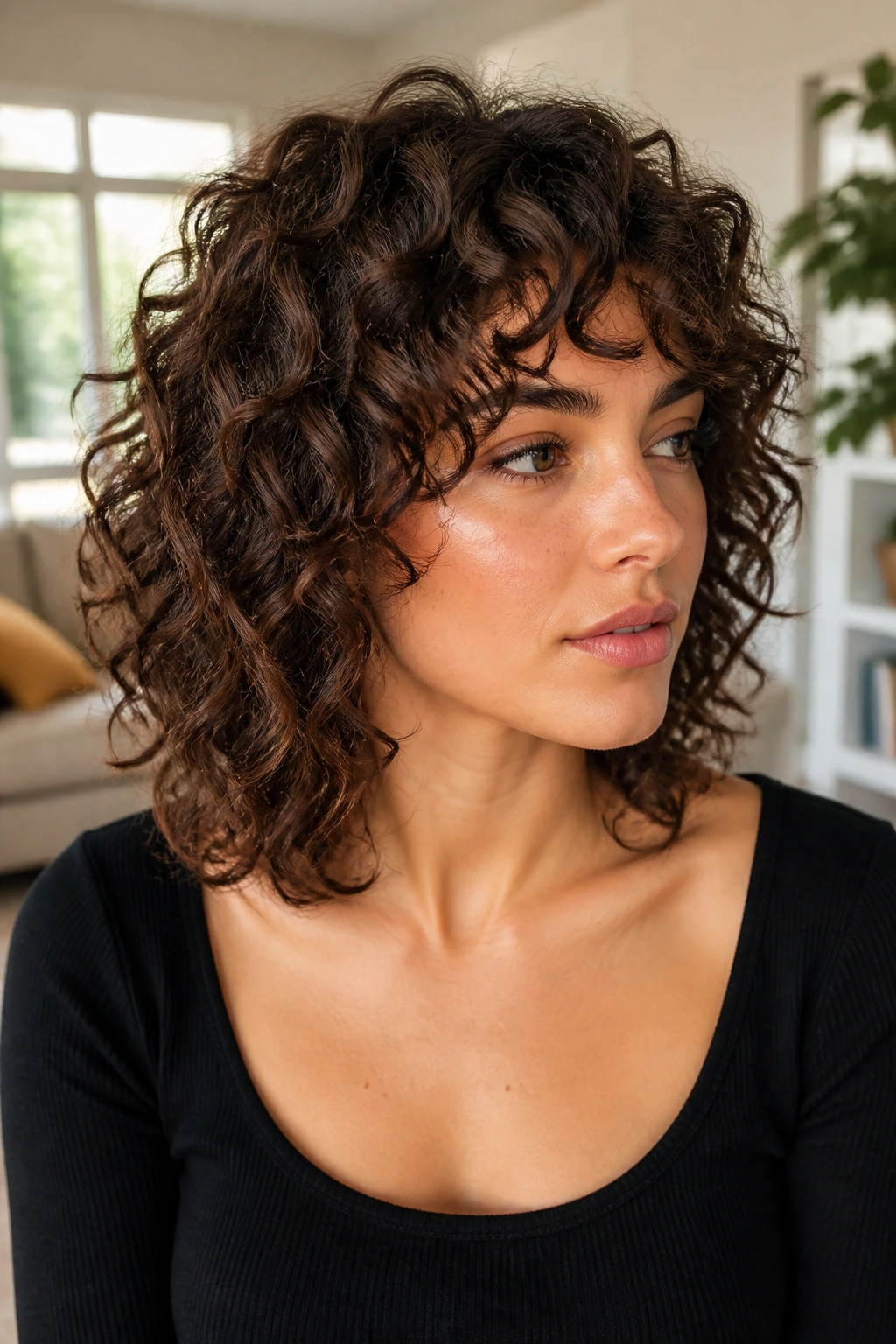 Close-up portrait of a real woman with a collarbone-length curly cut framing the neck