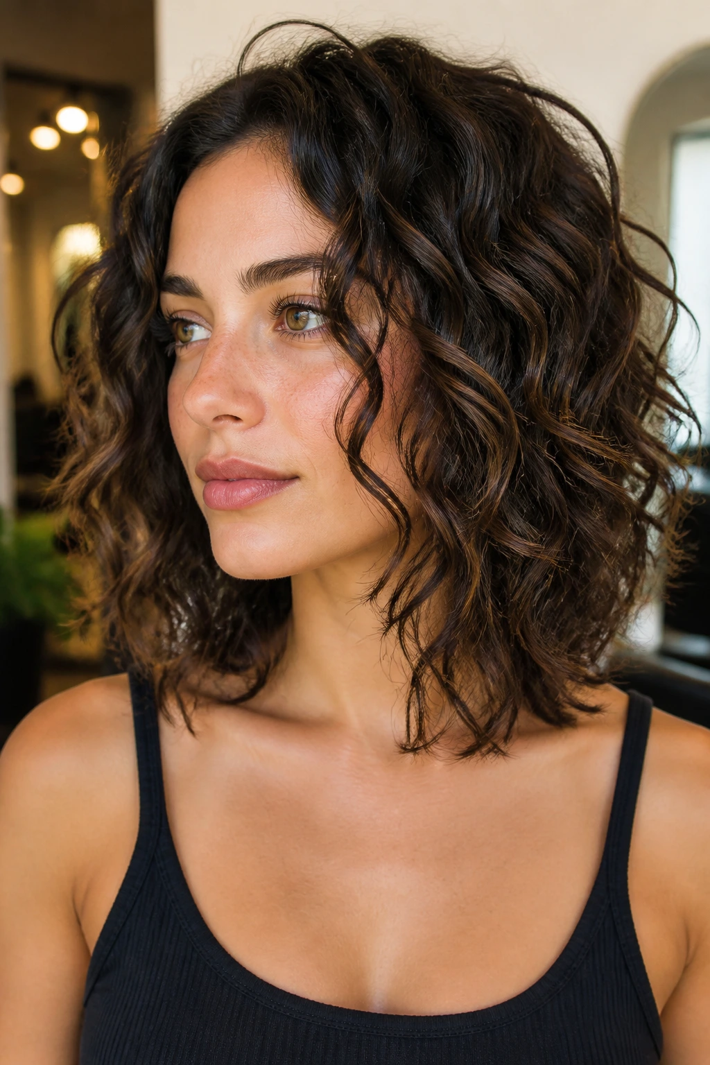 Close-up of a person with a collarbone-length curly lob and broken-up ends