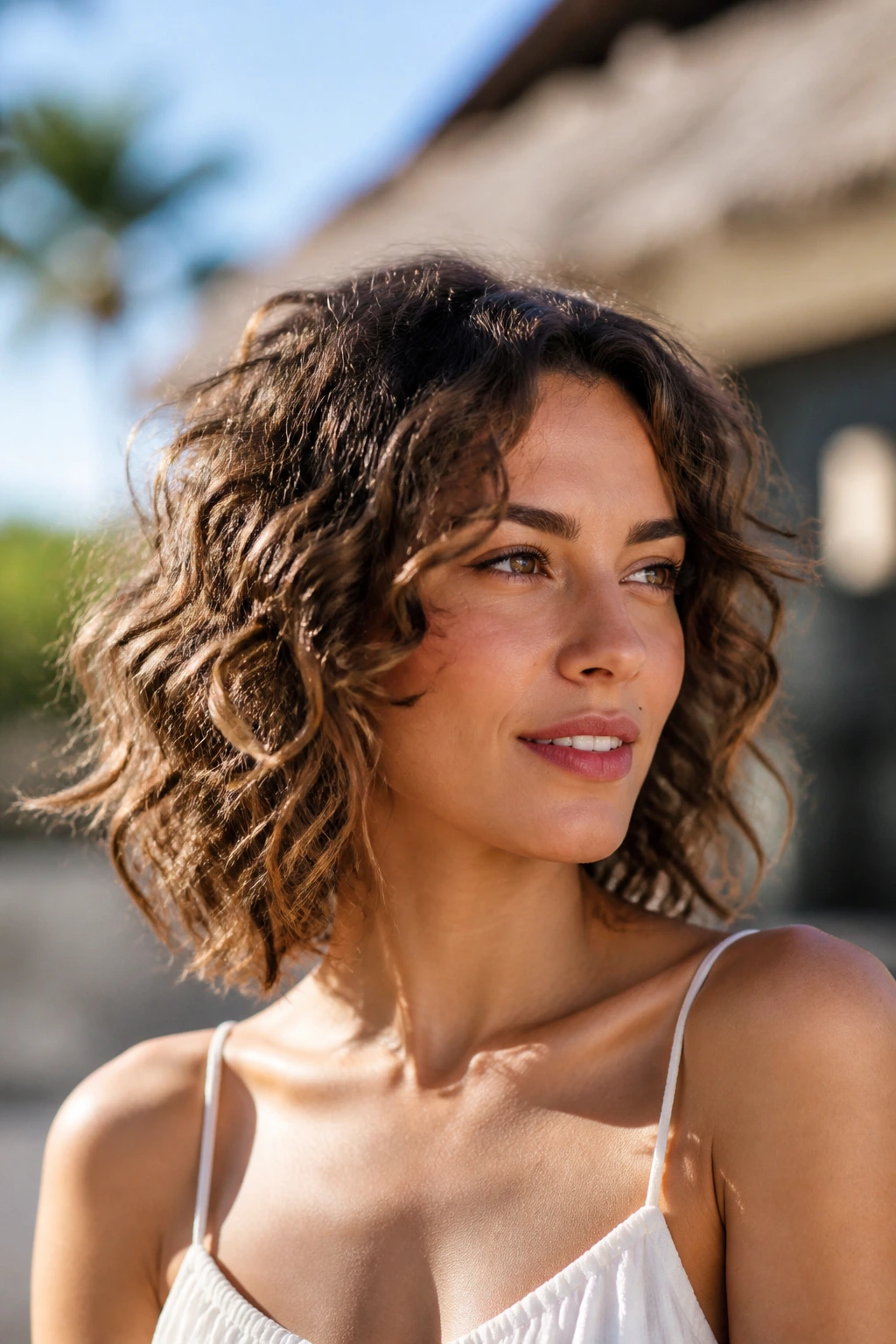 Portrait of a woman with collarbone-length curly lob and airy ends