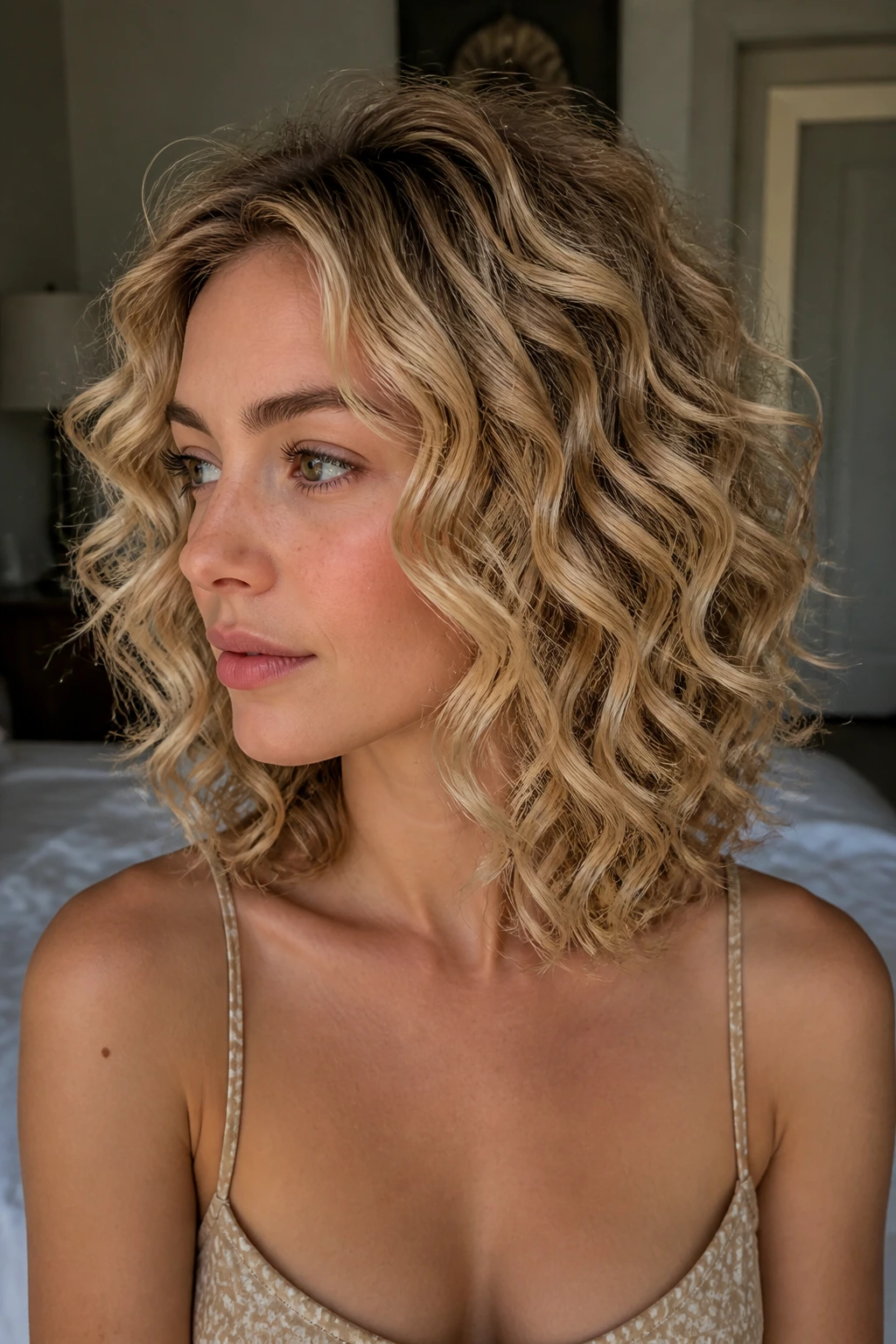 Medium-close portrait of collarbone-length curly lob with beige blonde ribbons on a real woman