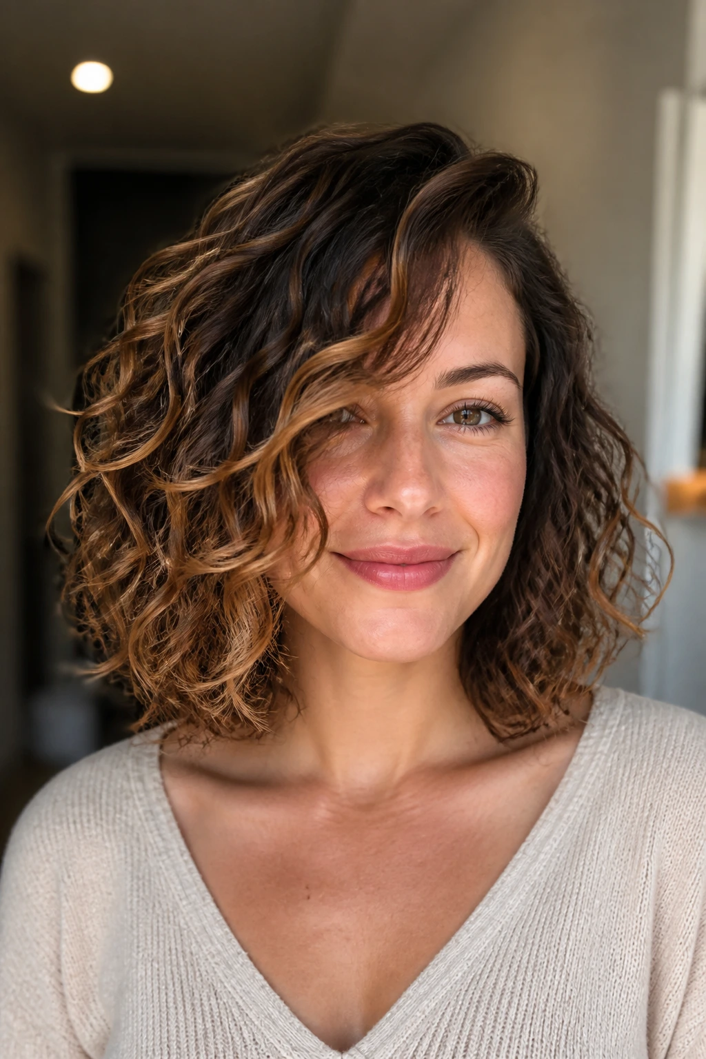 Close-up of collarbone-length curly lob with side-swept caramel ribbons framing the face.