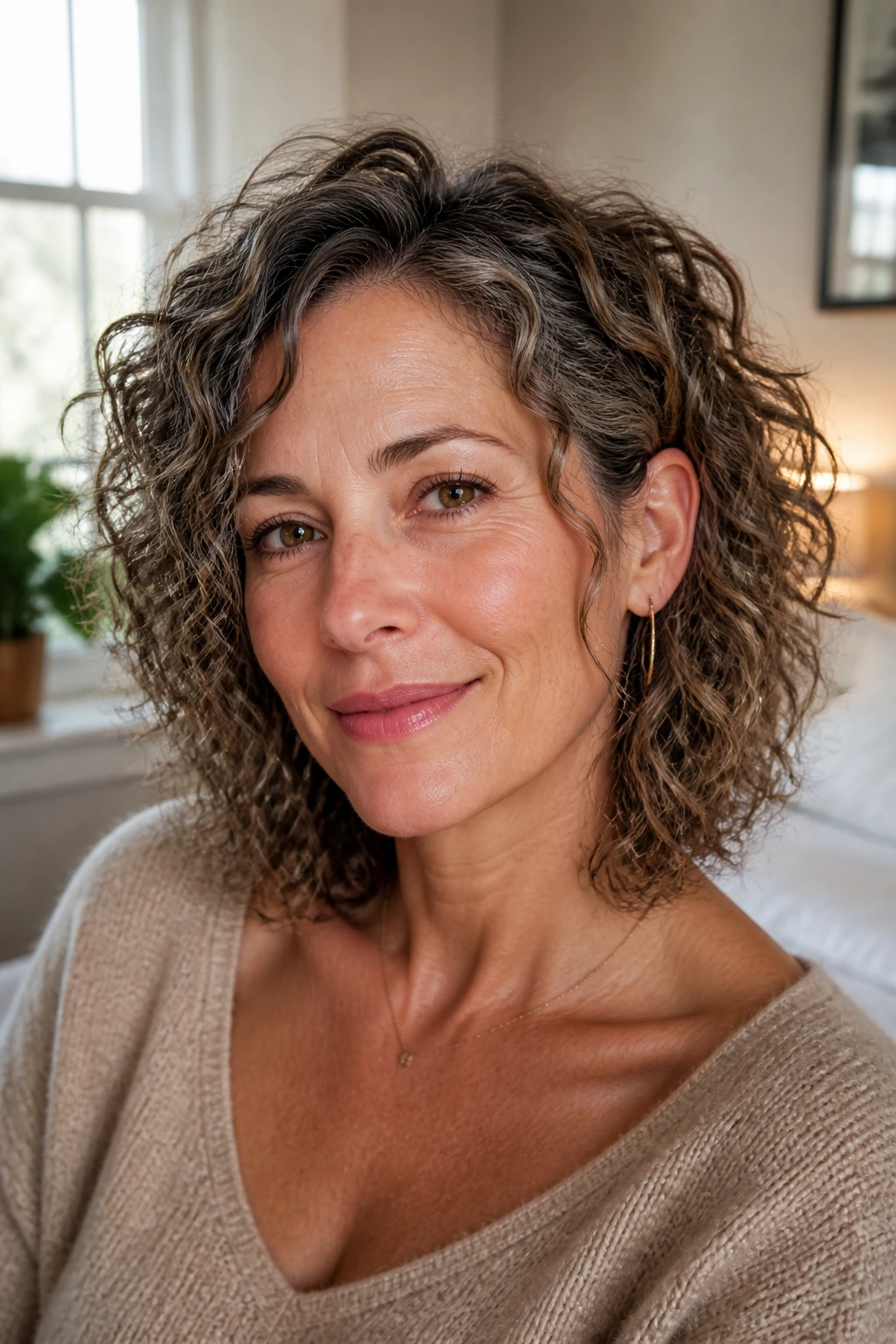 Close-up of a real woman with a collarbone-length curly lob showing choppy internal layers in natural window light