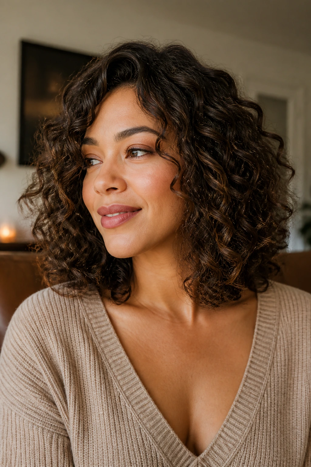 Close-up of real person with collarbone-length curly lob and layered ends in soft-lit room