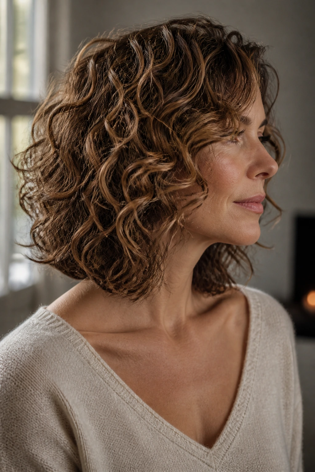 Portrait of a real woman with collarbone-length curly lob and mocha lowlights.