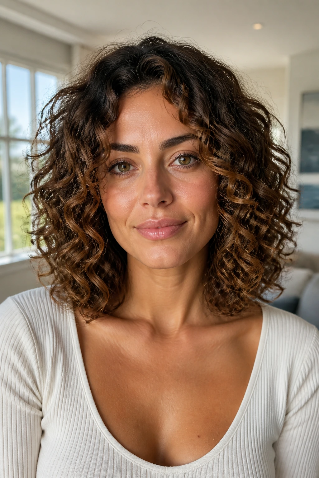 Close-up portrait of a woman with collarbone-length curly lob near the collarbone