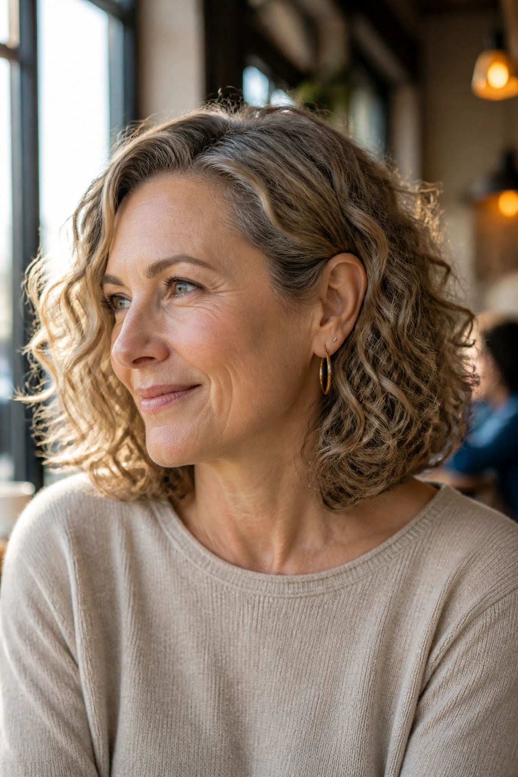 Close-up of a real woman with collarbone-length curly lob at shoulder