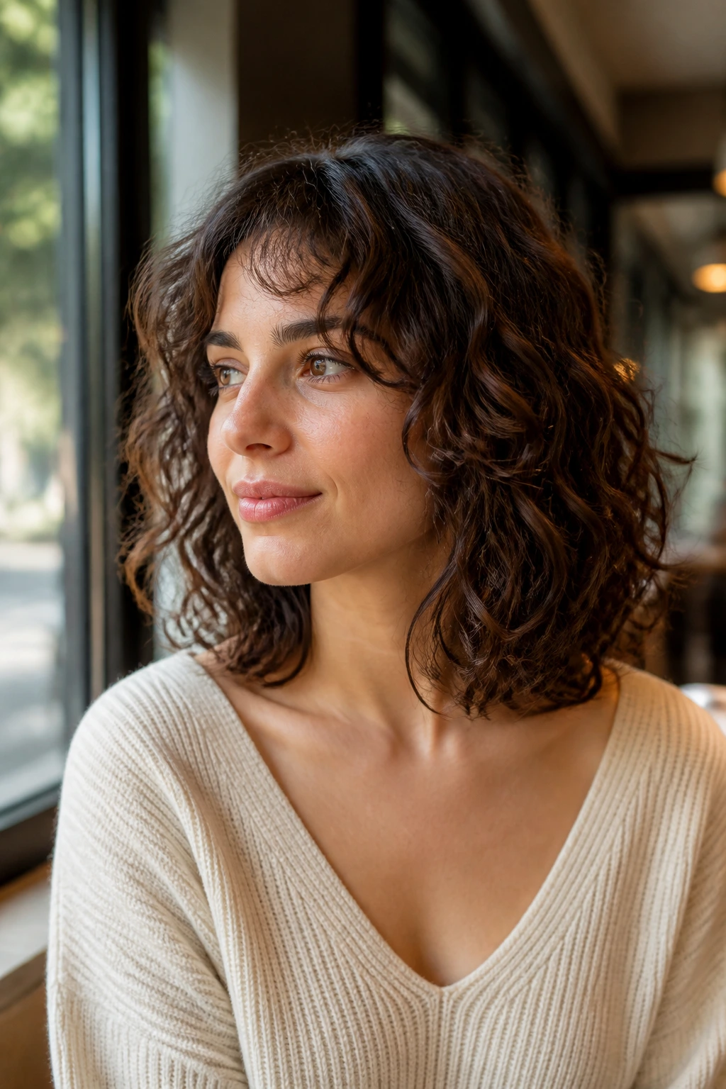 Medium close-up of a real woman with collarbone-length curly lob and soft ends