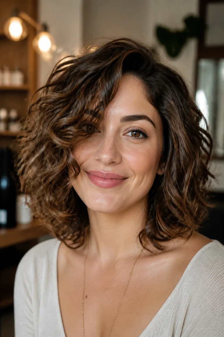 22 Side-Swept Lobs for Round Faces with Curly Hair
