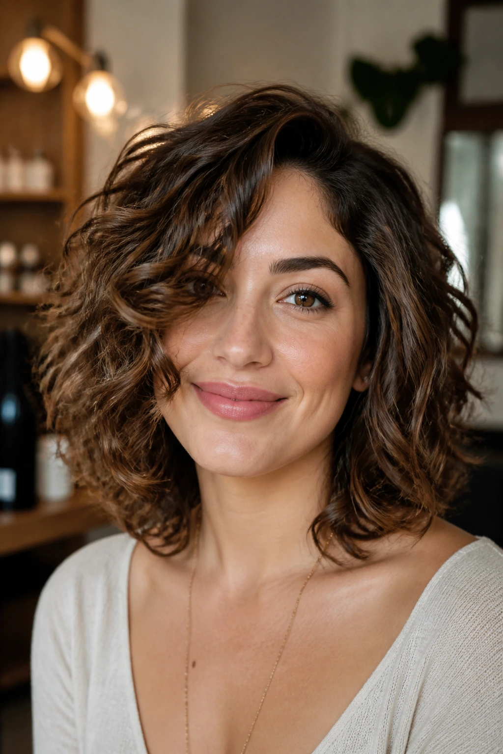 Portrait of real person with collarbone-length curly lob and soft underlayers