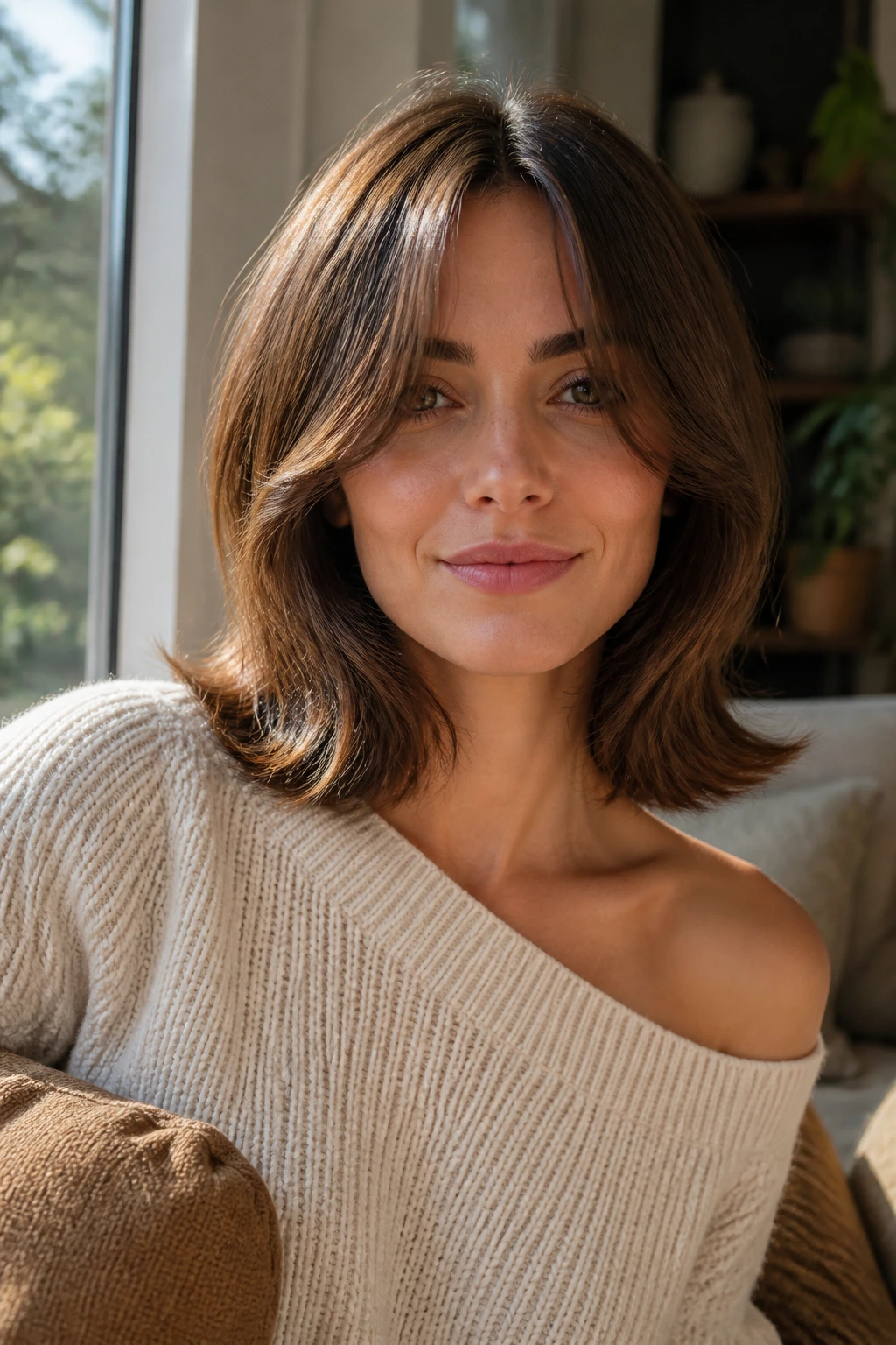 Close-up portrait of a real woman with a collarbone-length bob and curtain fringe