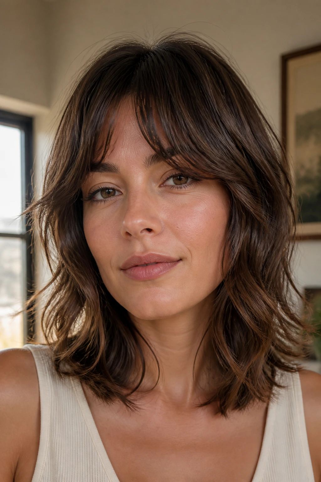 Real person with collarbone-length shag and curtain bangs in natural light