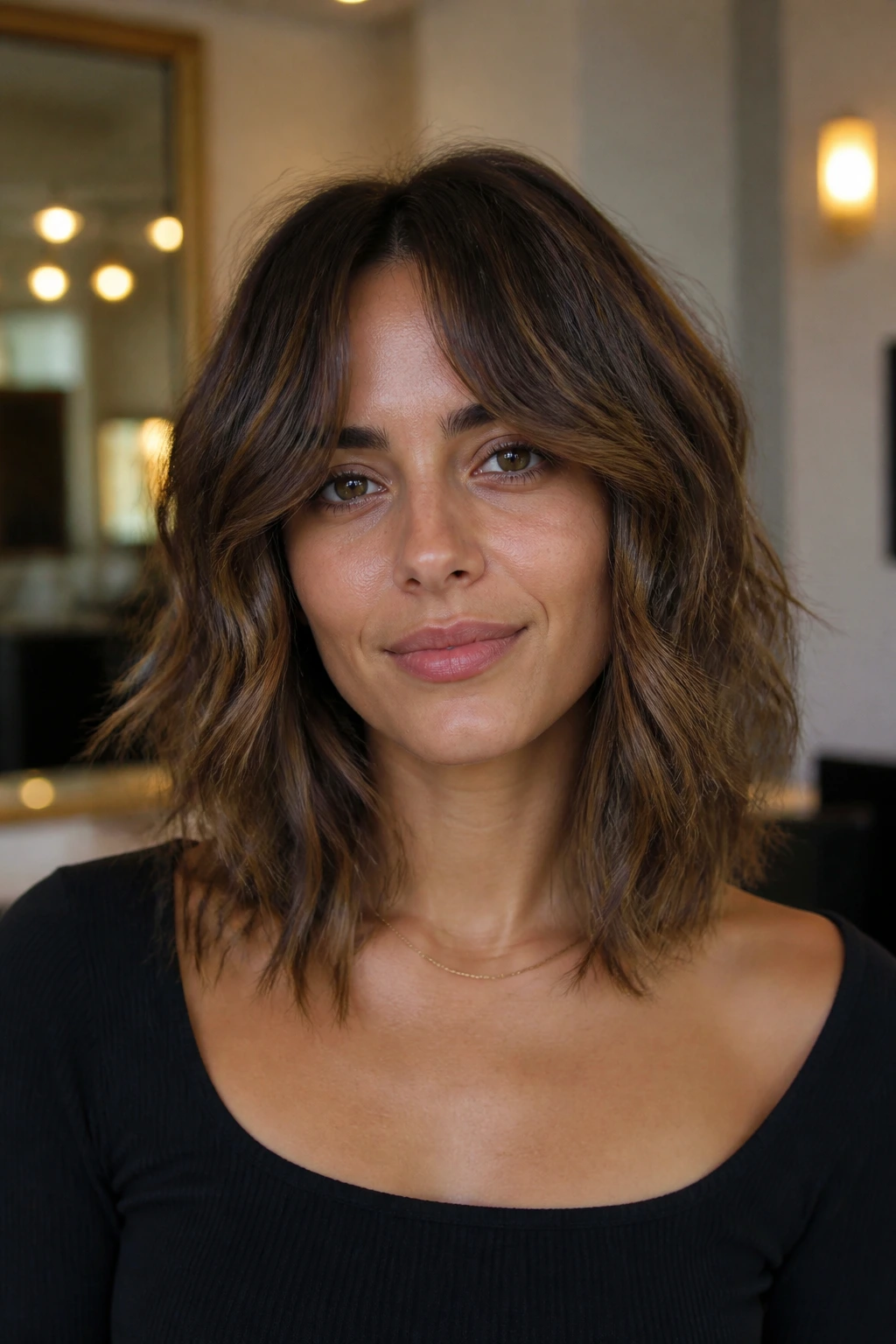 Close-up of collarbone-length curtain shag bob on a real person