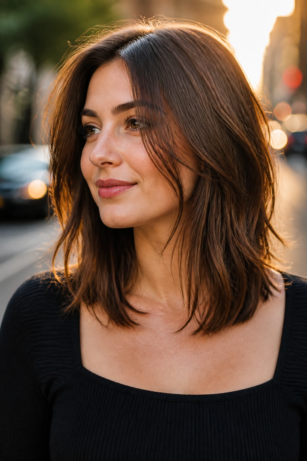 Close-up of a real woman with collarbone-length cut and face-framing angled pieces