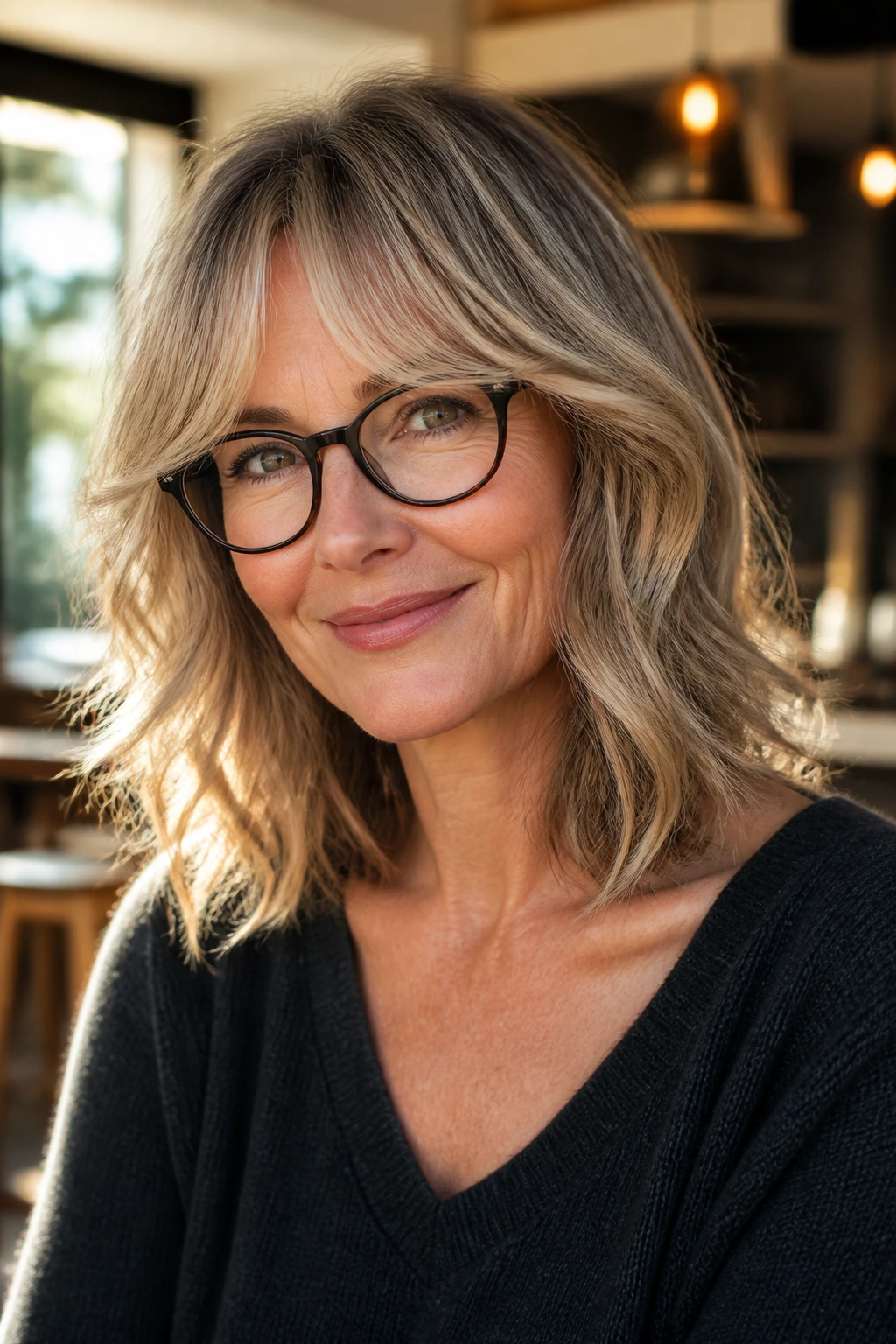 Portrait of a woman with a wavy collarbone-length cut and face-framing bangs.
