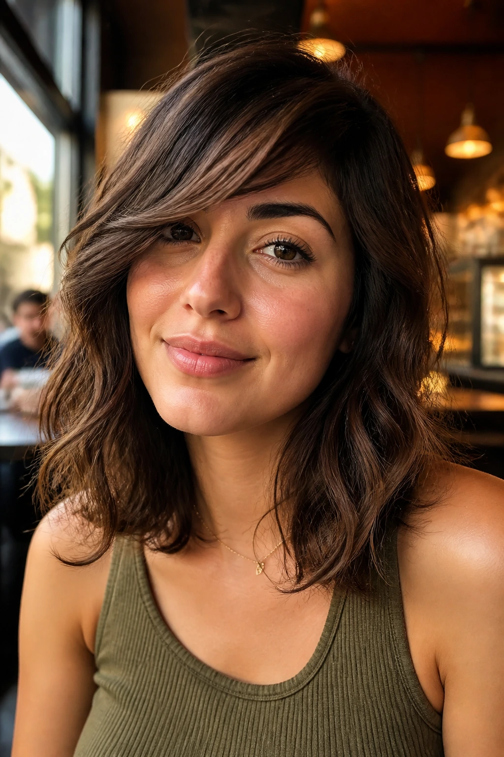 Portrait of a real woman with collarbone-length hair and side-swept bangs in warm cafe light