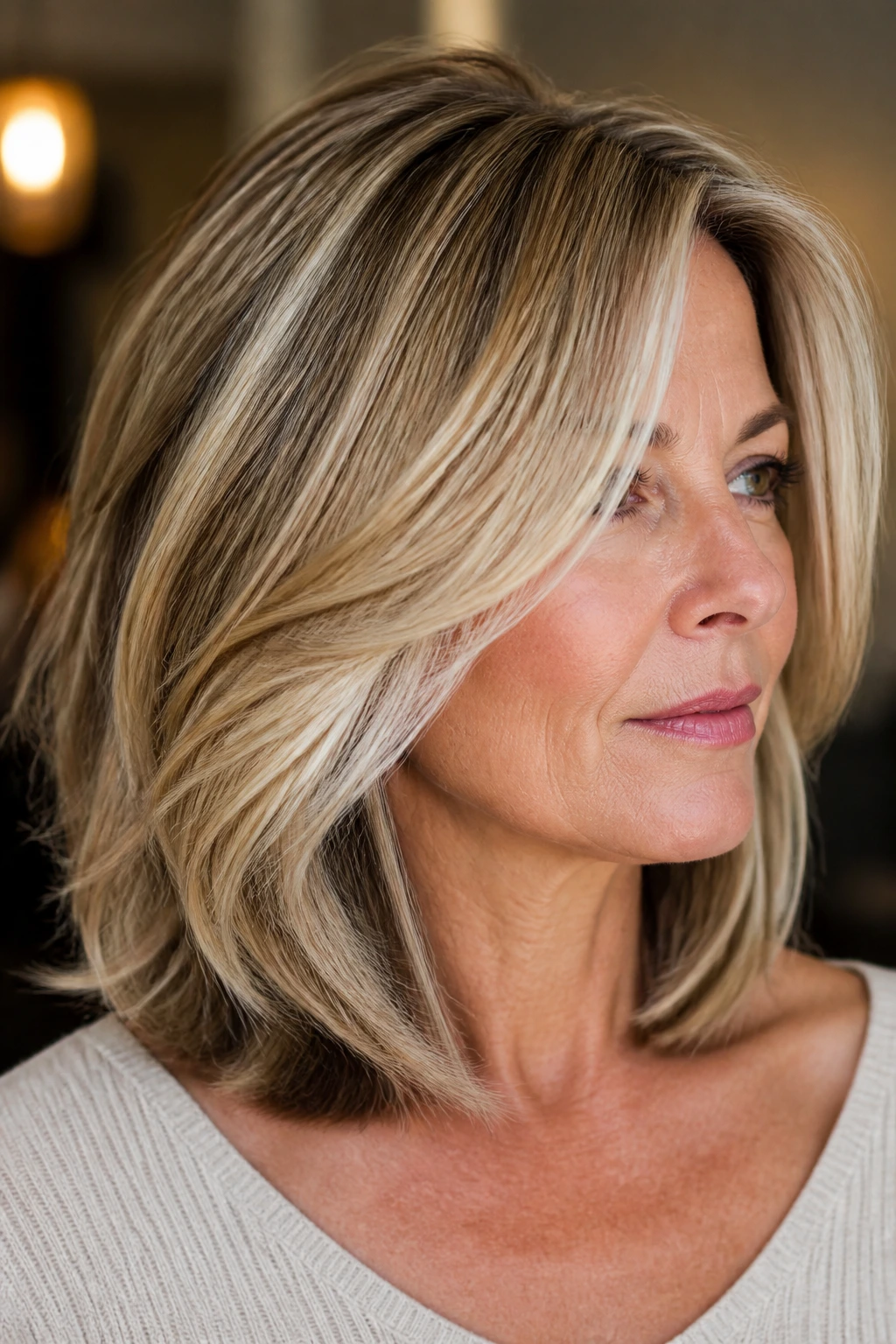 Close-up portrait of a real woman with collarbone-length hair showing underlayers and multi-tone blonde.