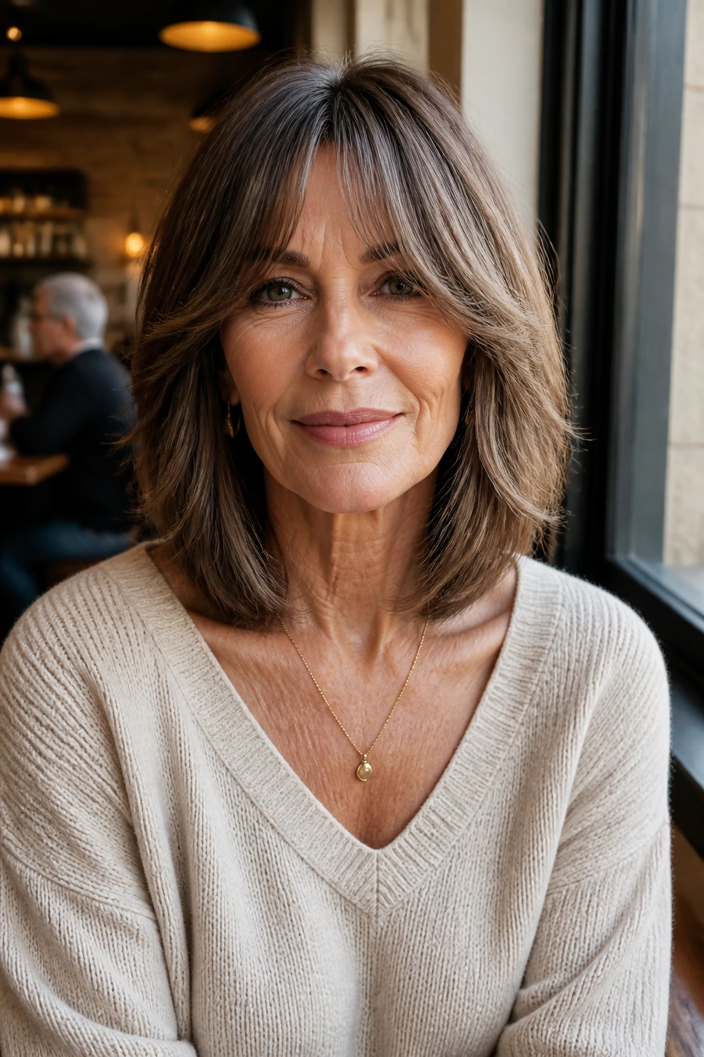 Real woman with collarbone cut and bottleneck bangs in cafe window light