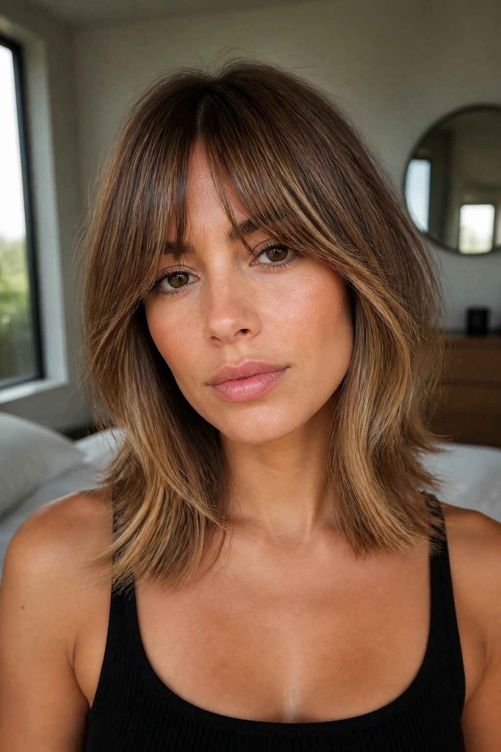 Close-up of a real woman's collarbone-length haircut with bottleneck bangs and caramel framing.