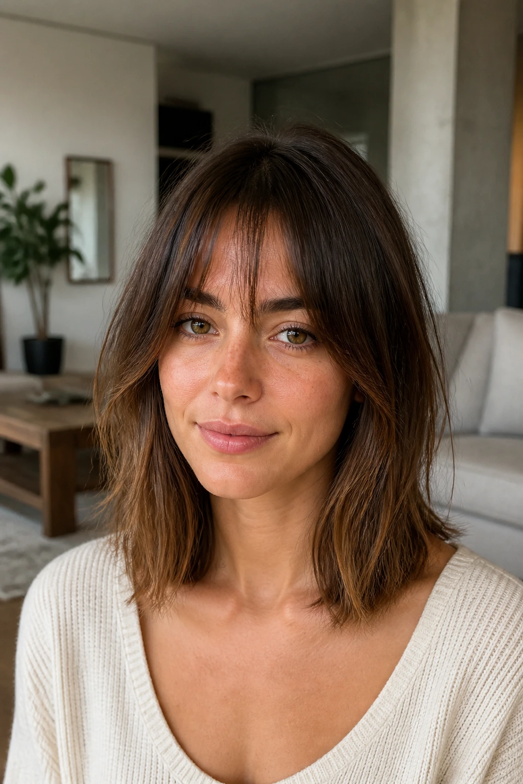 Close-up portrait of a real woman with collarbone-length cut and bottleneck bangs framing the face