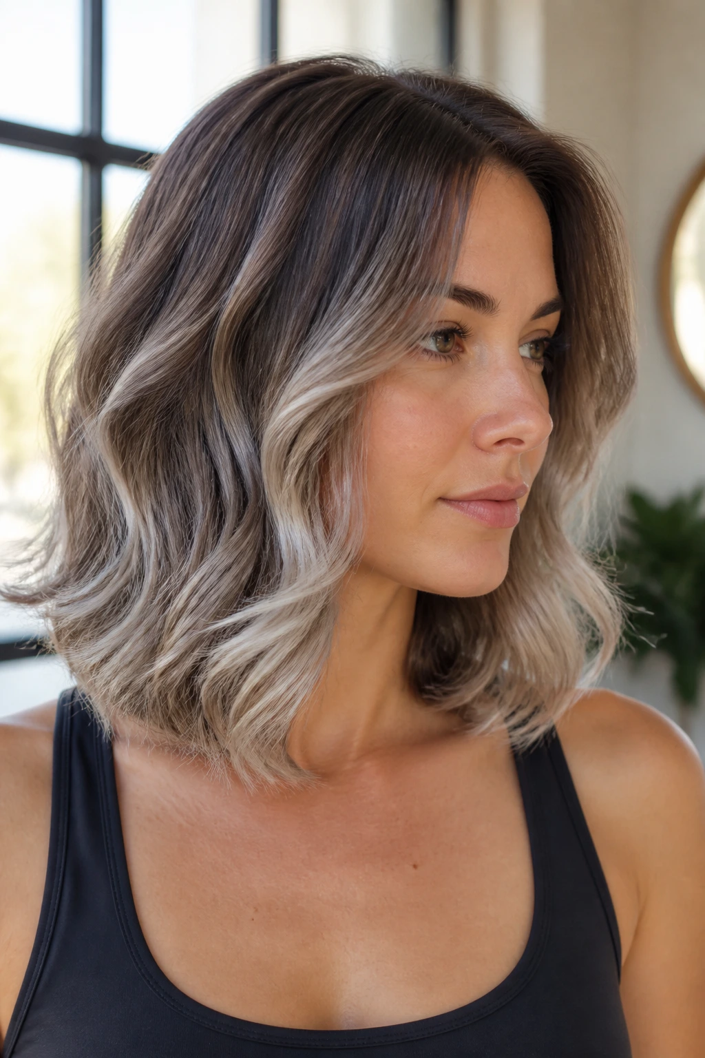 Close-up of a real person with collarbone-length hair showing brown roots and silver ends
