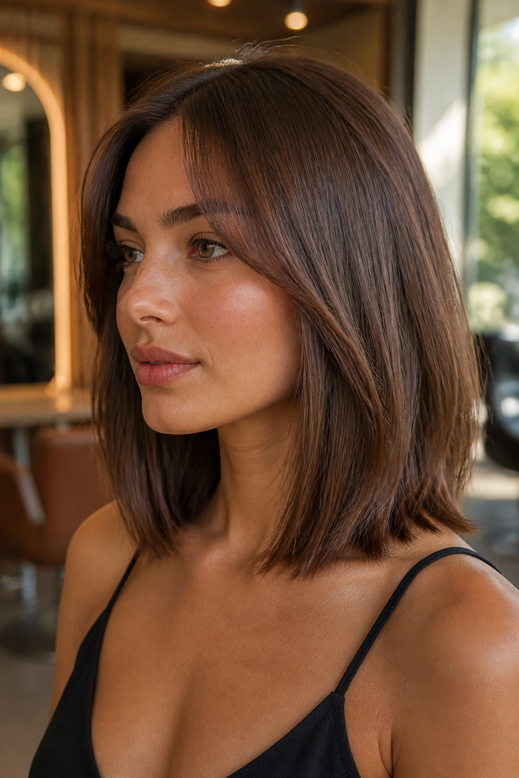 Portrait of a real woman with collarbone-length hair in chestnut gloss.