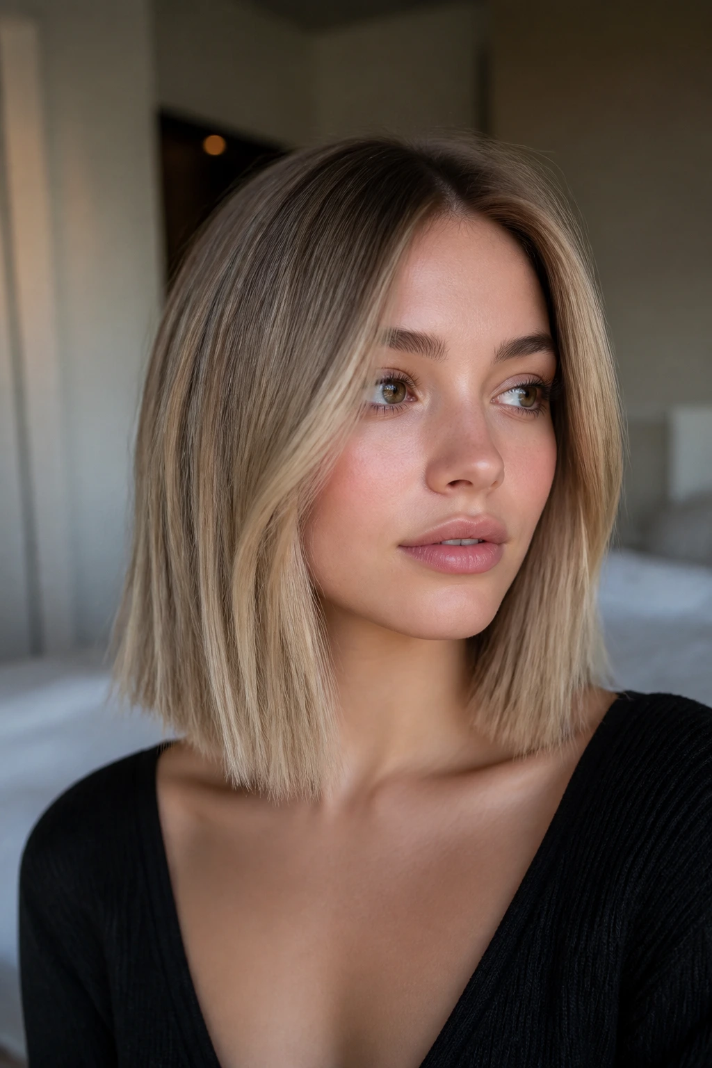 Close-up of brunette with cool creamy collarbone-length blonde, blunt ends
