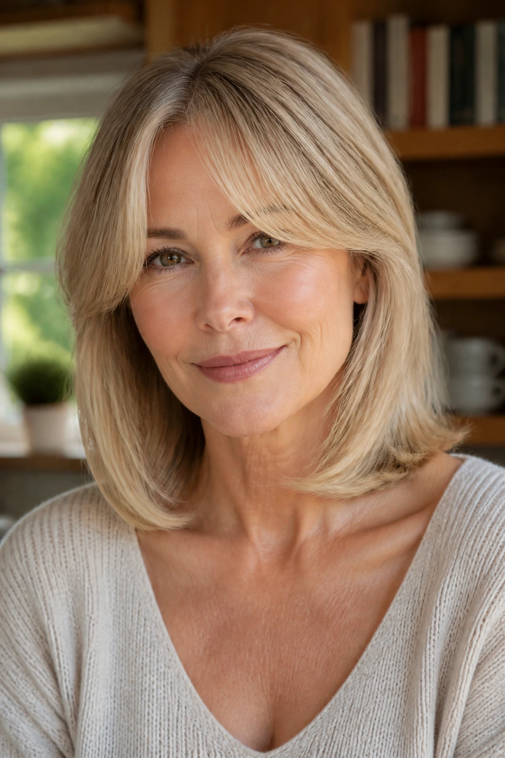 Close-up of a woman with a collarbone-length cut and tucked ends
